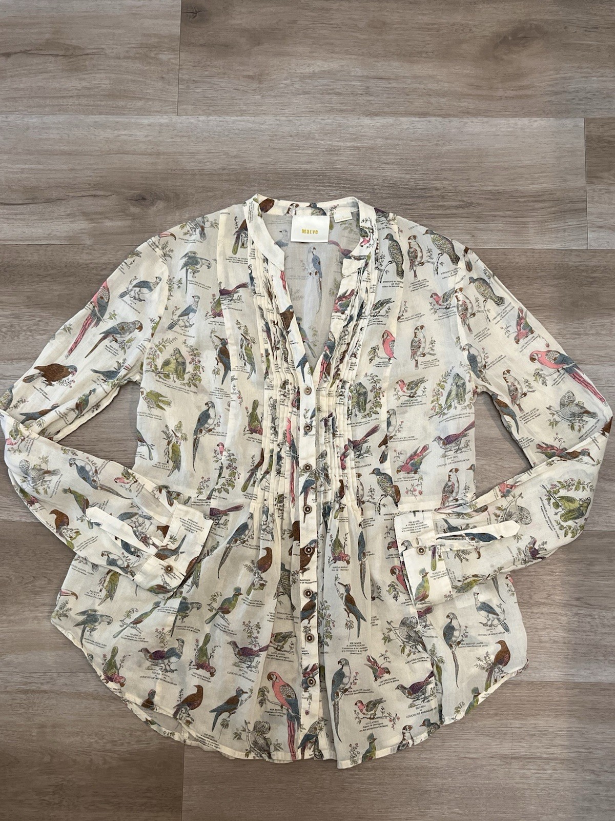Anthropologie Maeve Blouse Women’s 6 Multicolor Bird Print Pleated Long Sleeve