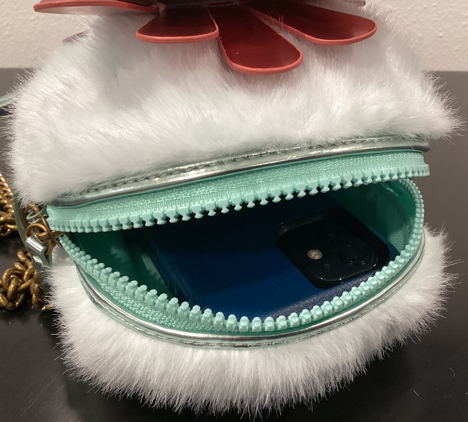 Kurt Geiger Faux Fur Soft Eagle Bag 6″ x 6″ x 4.5″ Crossbody Blue Pink Crystals