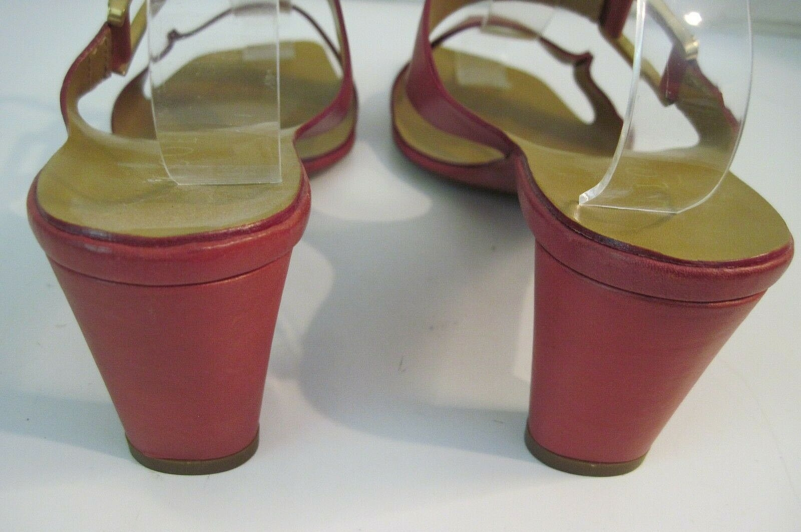 LOEWE Dark Raspberry Leather Gold Tone Accent Double Strap Heeled Sandals Sz 37