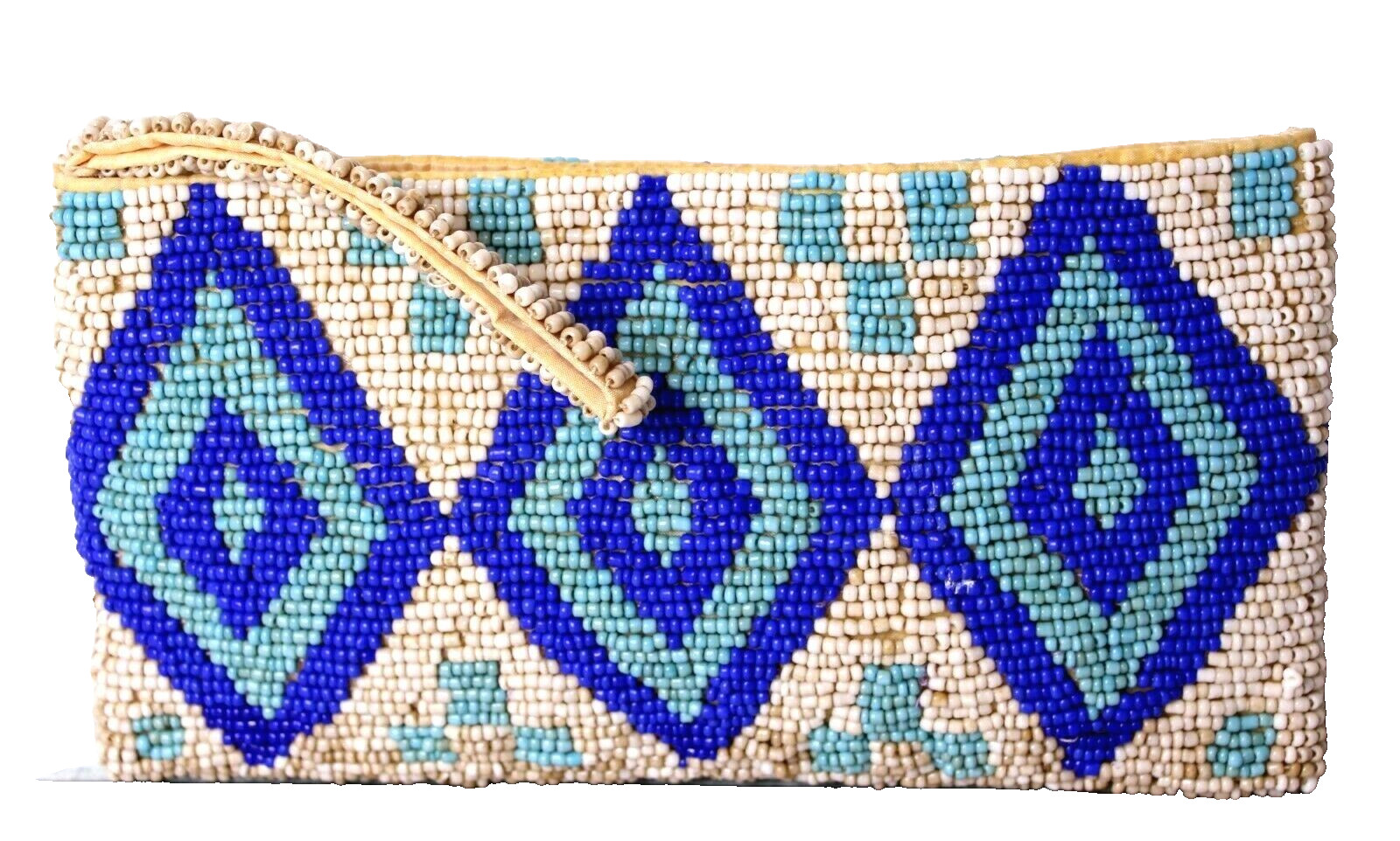 VINTAGE 4 3/4″x9″ BEADWORK BEIGE BLUE WHITE ZIP TOP SMALL LINED CLUTCH WRISTLET