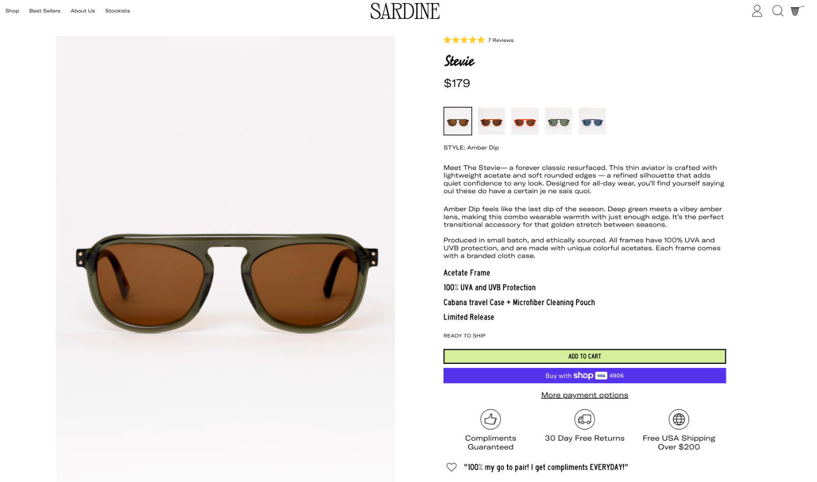 Sardine Stevie Aviator Sunglasses Amber Dip Green Acetate New Cabana Case UV