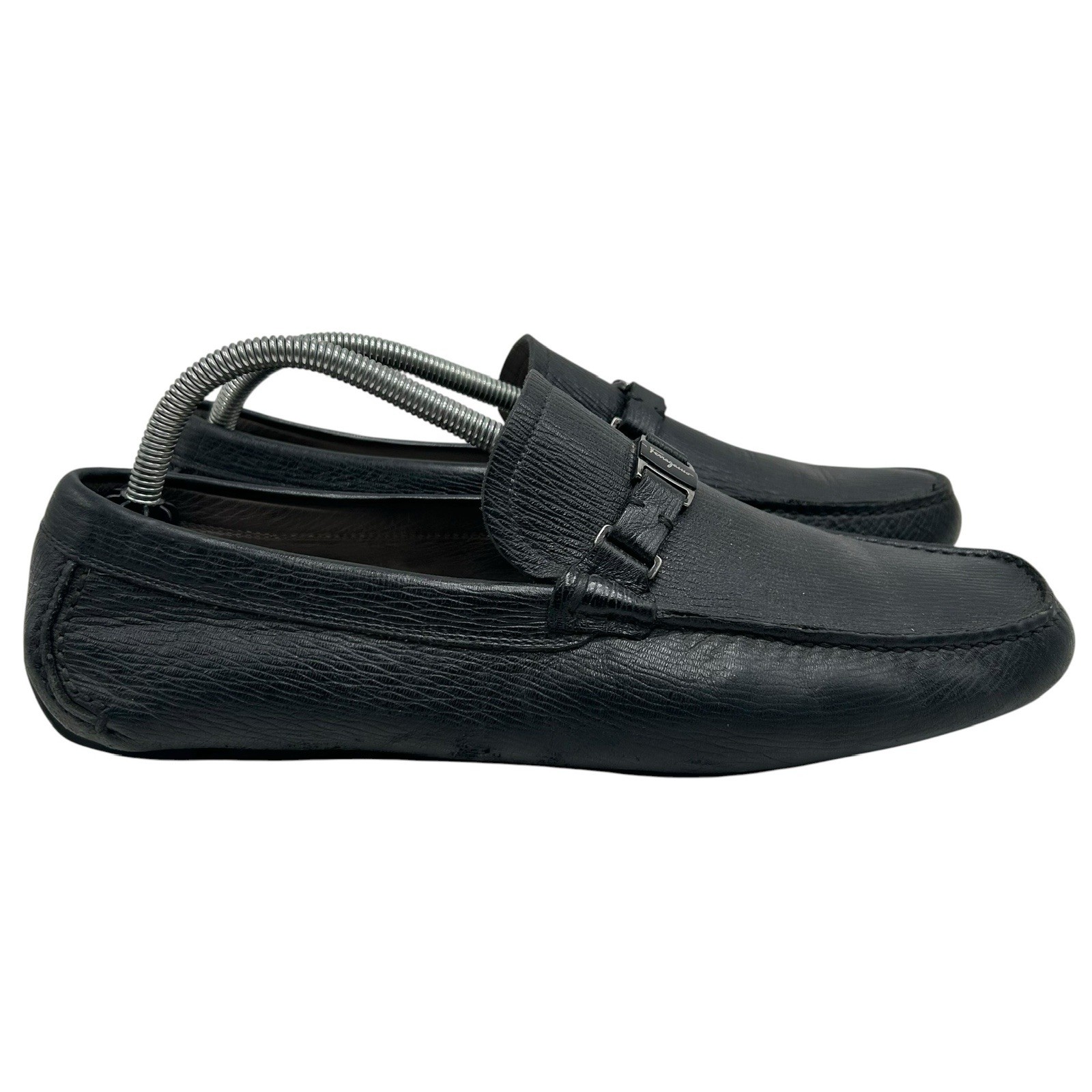 Ferragamo Front 4 Driving Loafers Buckle Men’s Size 8.5 E Wide US Black Leather