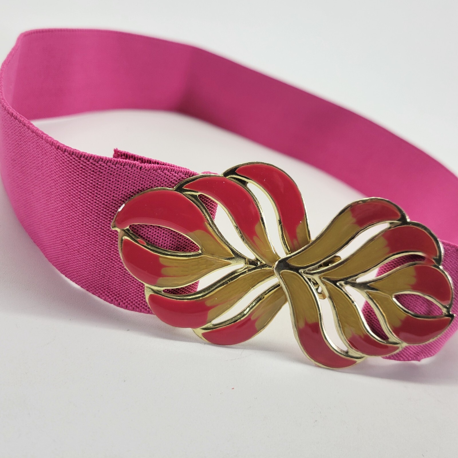 Stretch Belt 30 32 34 Leaf Buckle Waist Wide Pink Vtg 1980s