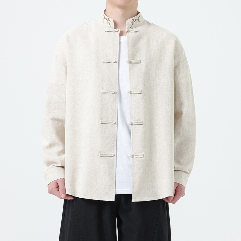 Men’s New Chinese style Pan mouth Embroidered Casual Chinese Style Shirt