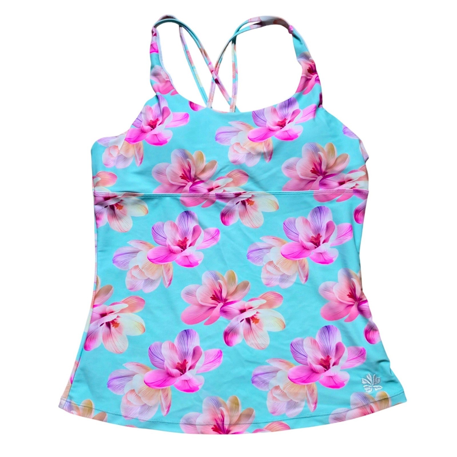 Hapari Petunia Pop Luxe Tankini Top Floral Turquoise Pink Strappy Back Size L