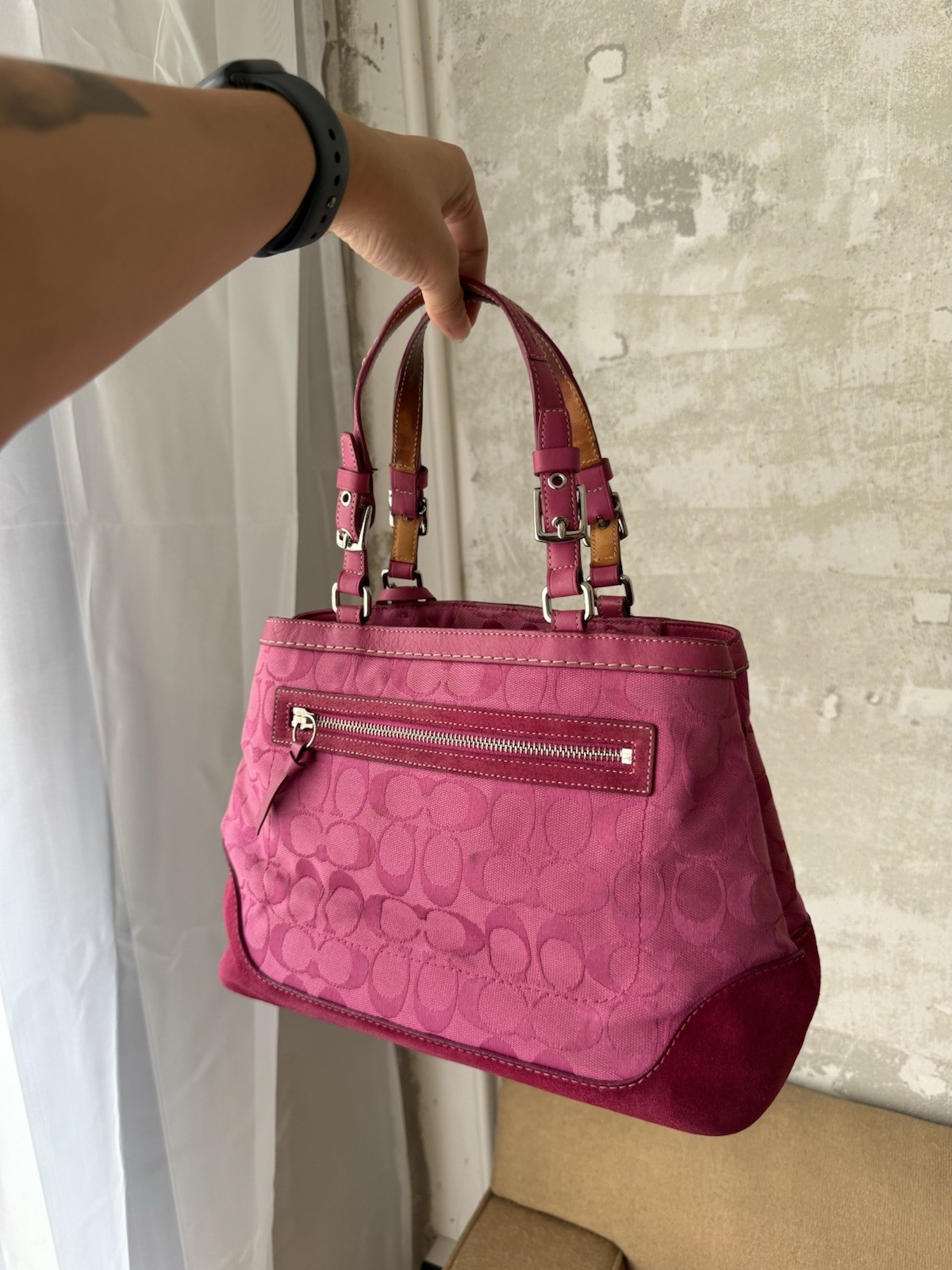 Coach Hampton Signature Satchel Pink Canvas Suede Trim 6830