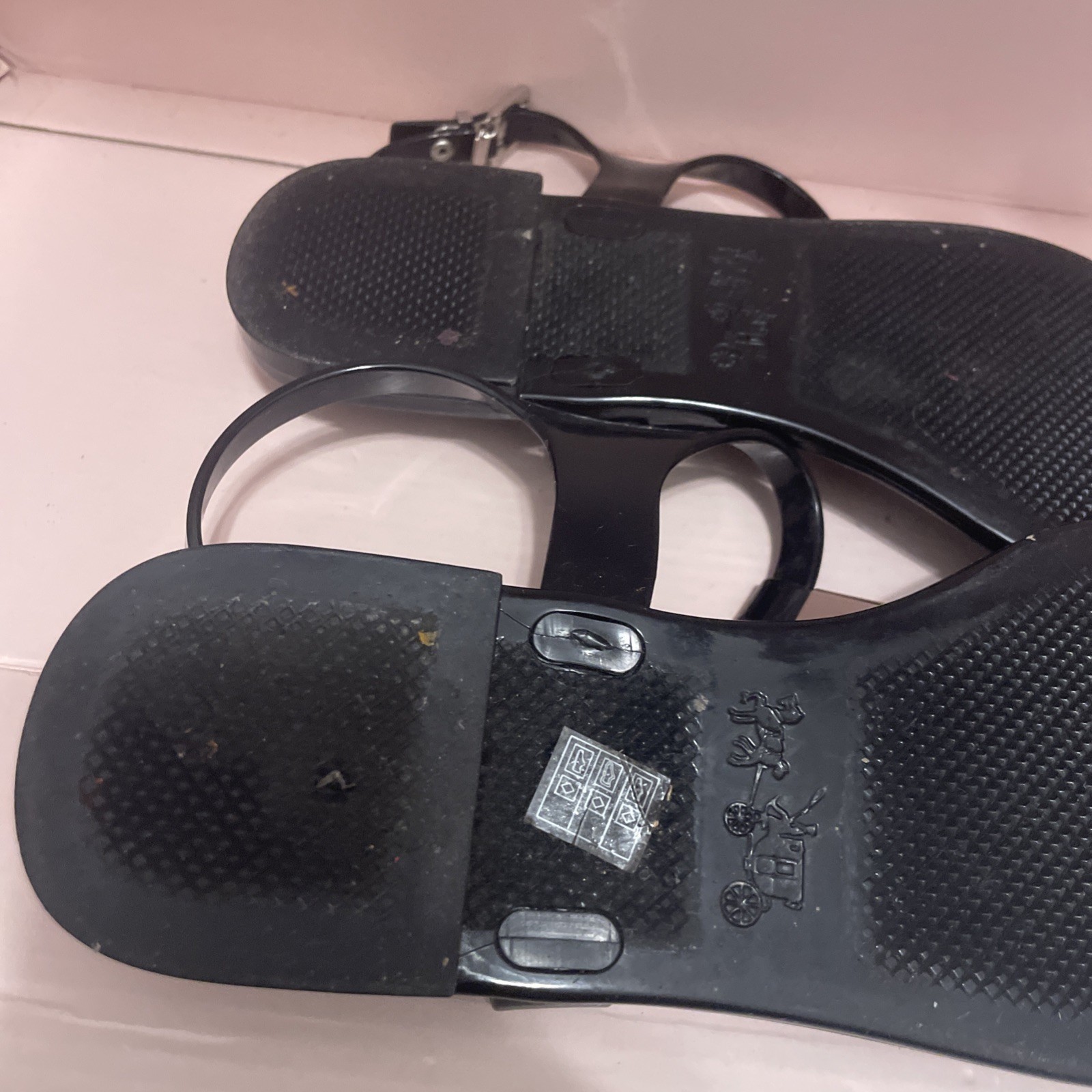 Coach Piccadilly Thong Jelly Sandals Black Logo Strappy Ankle Strap Buckle 8 B