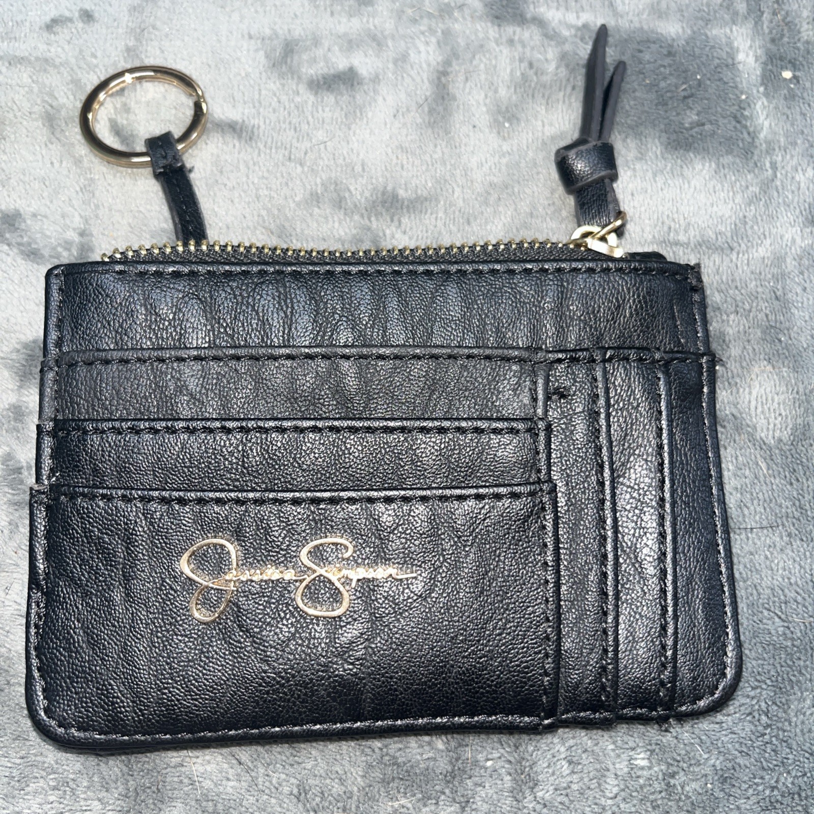 Jessica Simpson Women’s Mini Card Case Wallet Key Ring Coin Pouch Black Gold