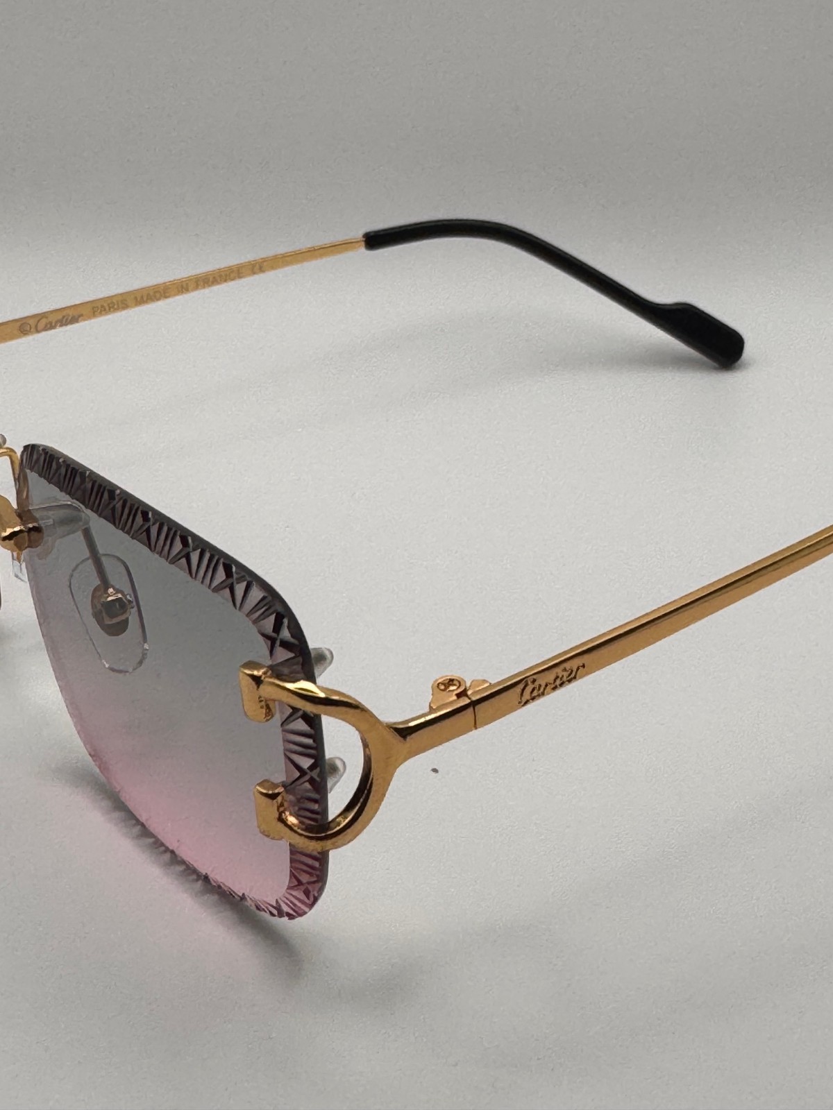 Cartier Big C Diamond Cut Frameless Pink/Green Lens Gold Frame