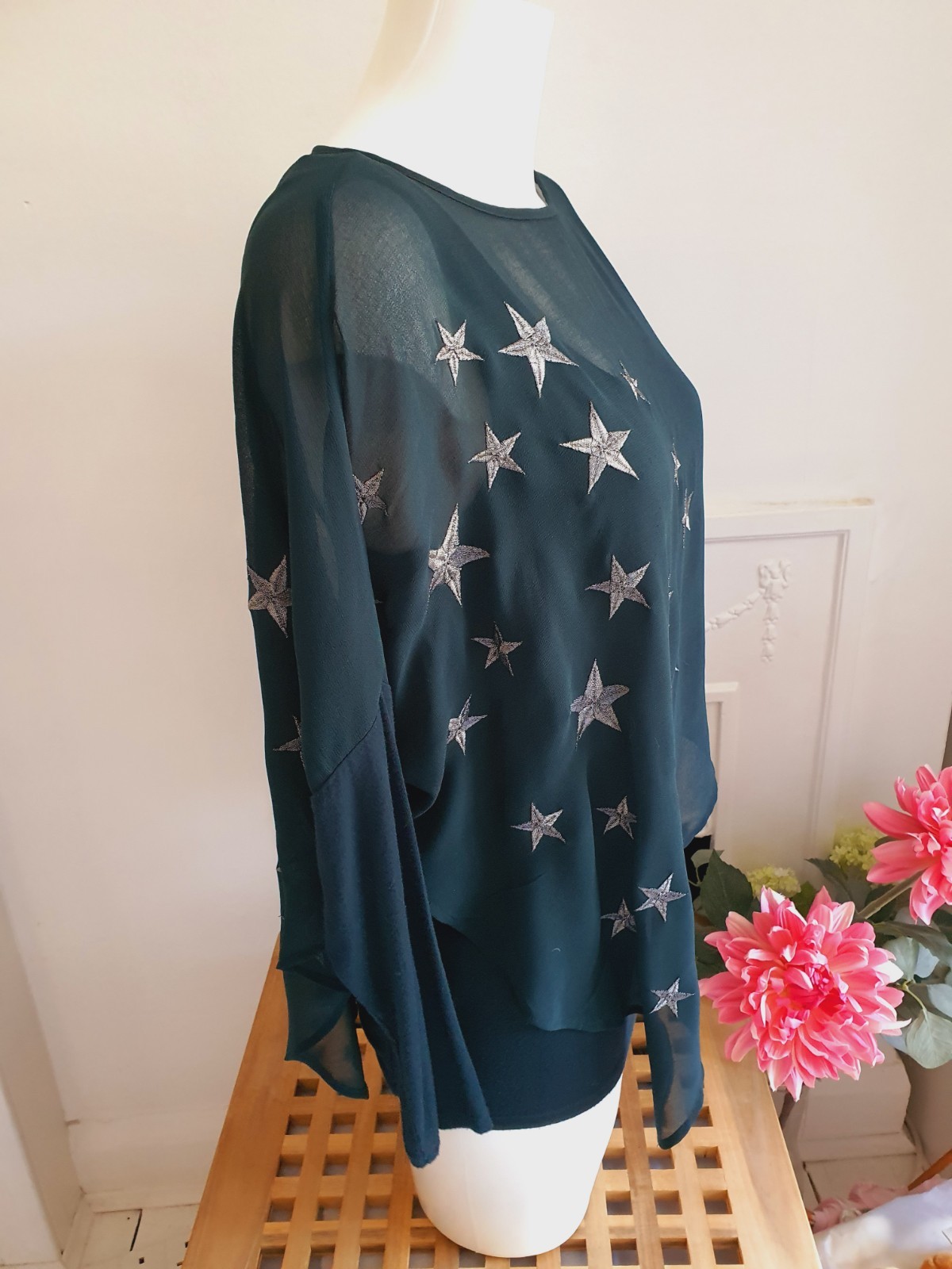 Mint Velvet Dark Green Star Embroidered Draped Top, UK Size 10