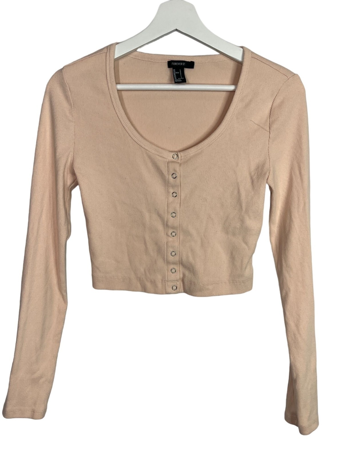 Forever 21 Ribbed Knit Crop Top Large Beige Tan Long Sleeve Scoop Neck Fitted