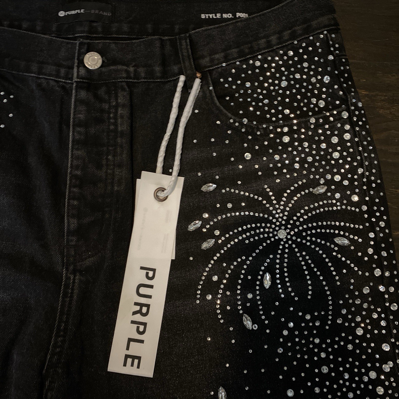 PURPLE BRAND Dropped Fit Black Dark Wash Slim Denim Jeans Rhinestone 5-Pocket