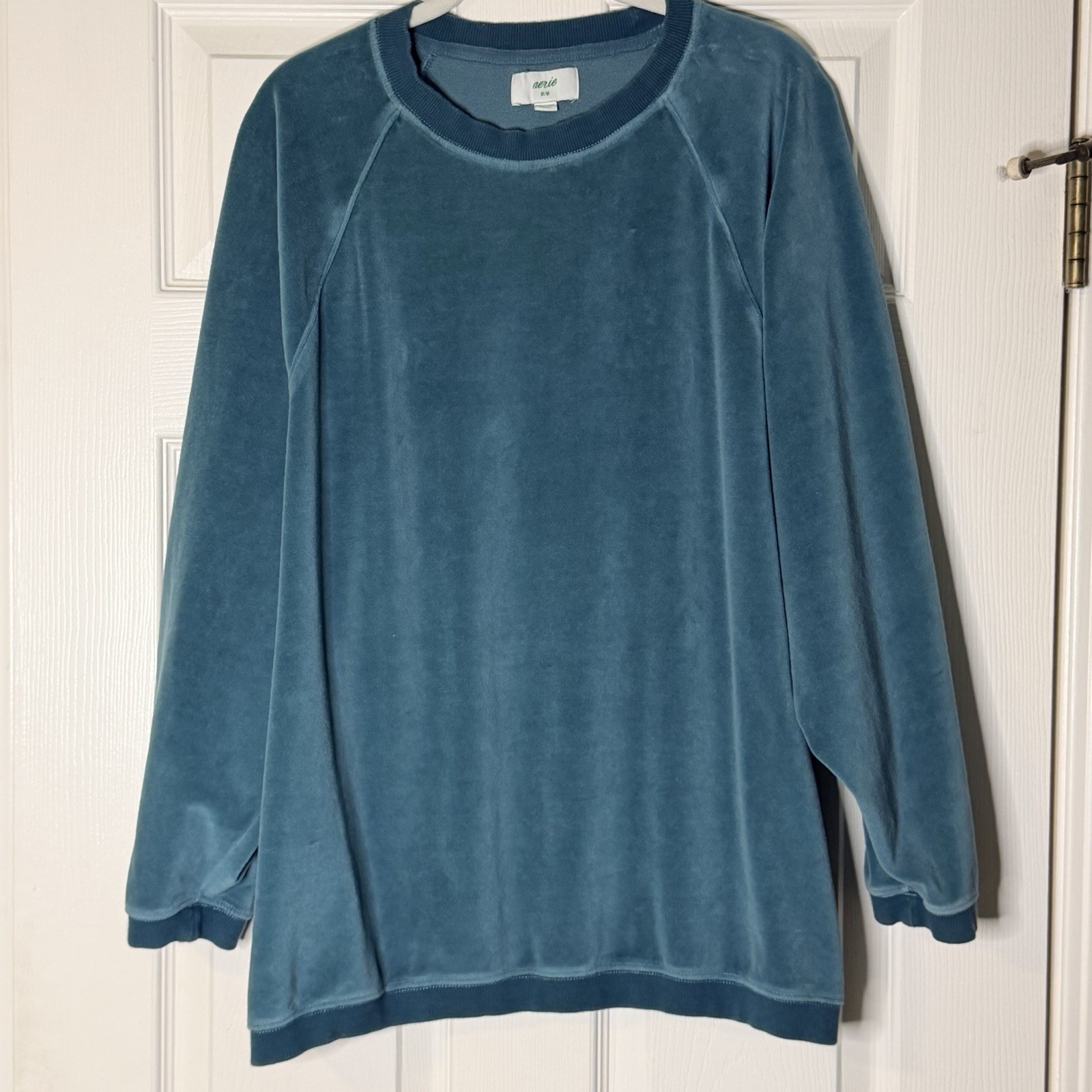 Aerie Velour Oversized Teal Raglan Sleeve Velvet Sweatshirt Size M (XL Fit)