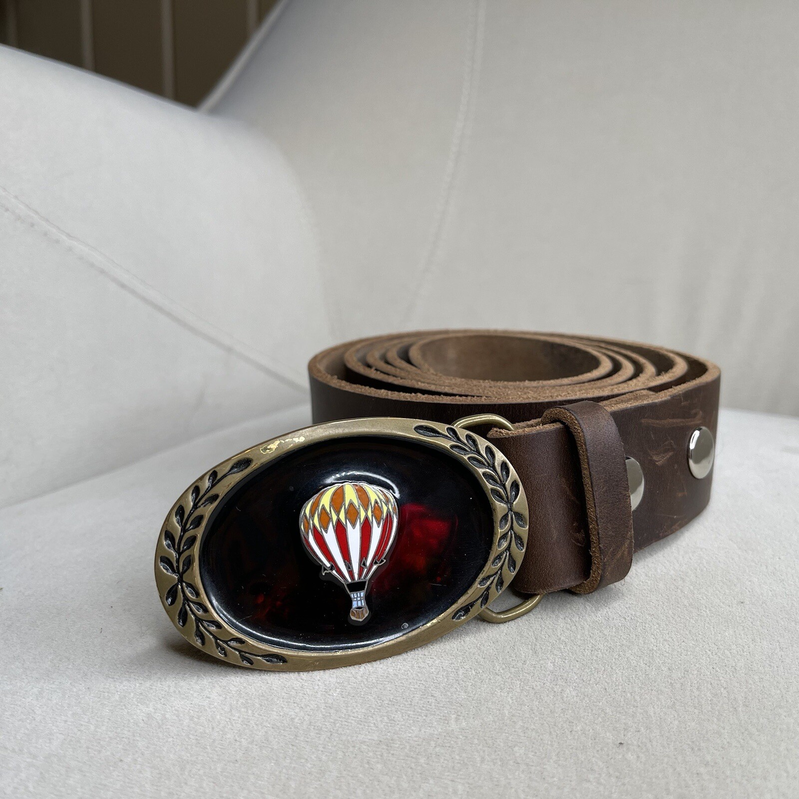 VTG hot air balloon belt buckle Solid Brass On Dark Brown Leather Belt 47-53in