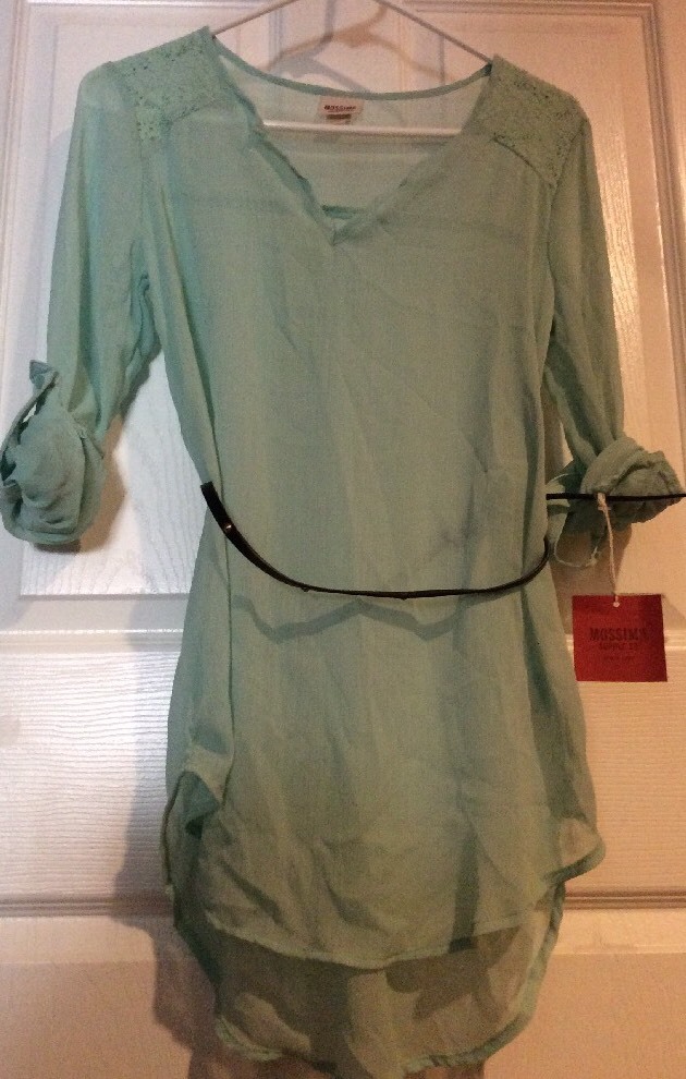 NWT Womens Green Small Shirt Top Blouse Career Sheer Belt Lace Button Up Sleeves