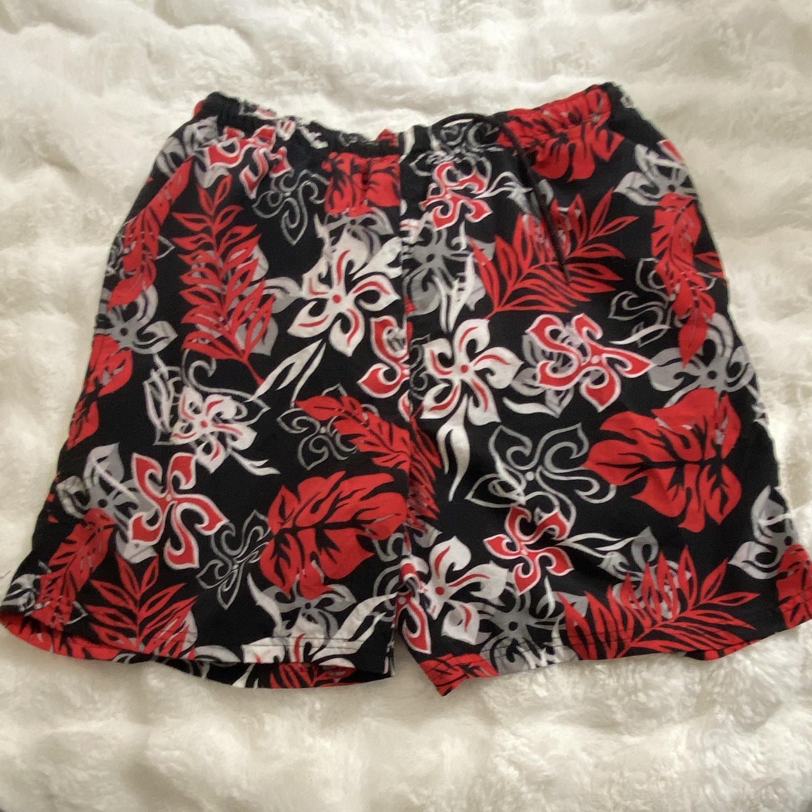 Sand N Sun Swim Trunks Men’s M Black Red White Tropical Floral Lined Pockets