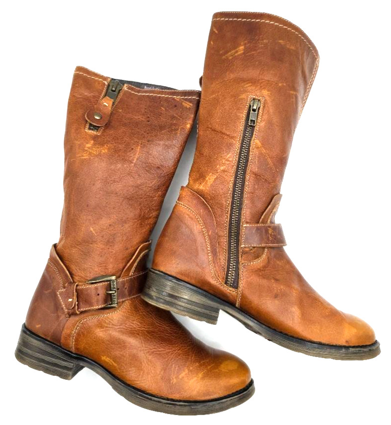 BED STU Brown Leather Buckle Zip Distressed Boots SIZE US 8 FLAWS Made in Mexico