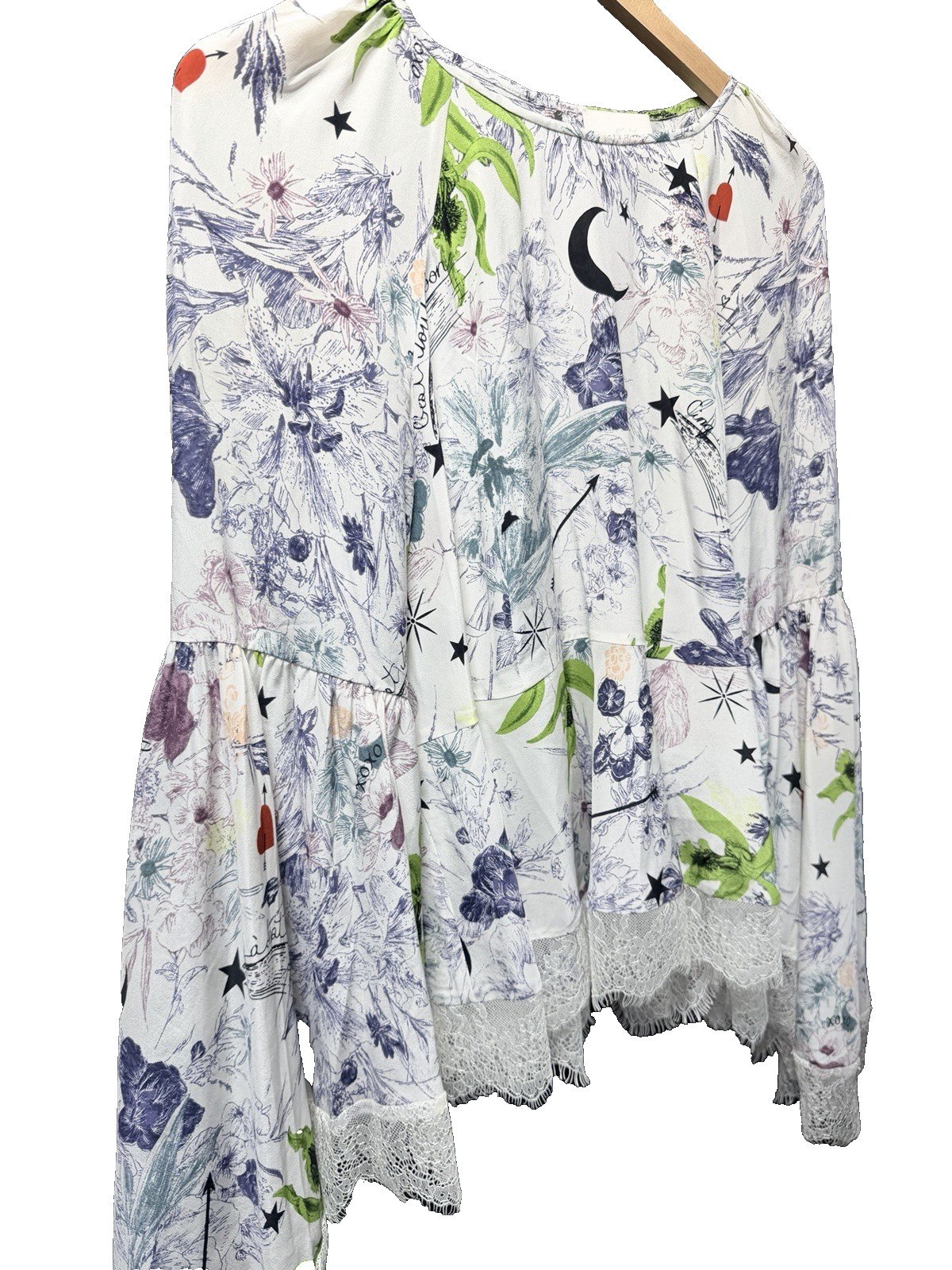 Cinq a Sept 100% Silk Celestial Floral Peplum Blouse M White Lace Trim Top