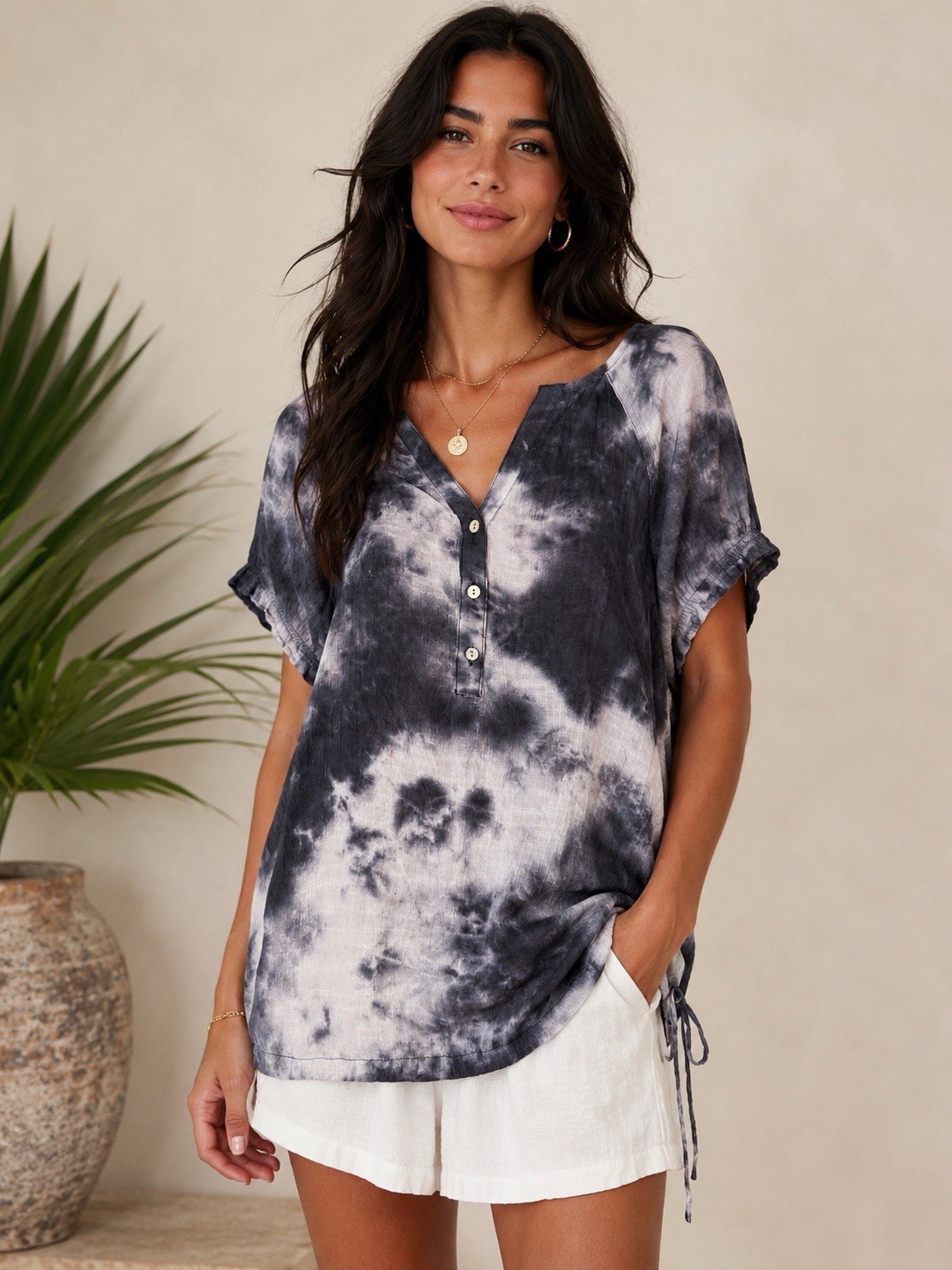 Brina & Em Womens XL Gray White Tie Dye Tunic Boho Beach Top