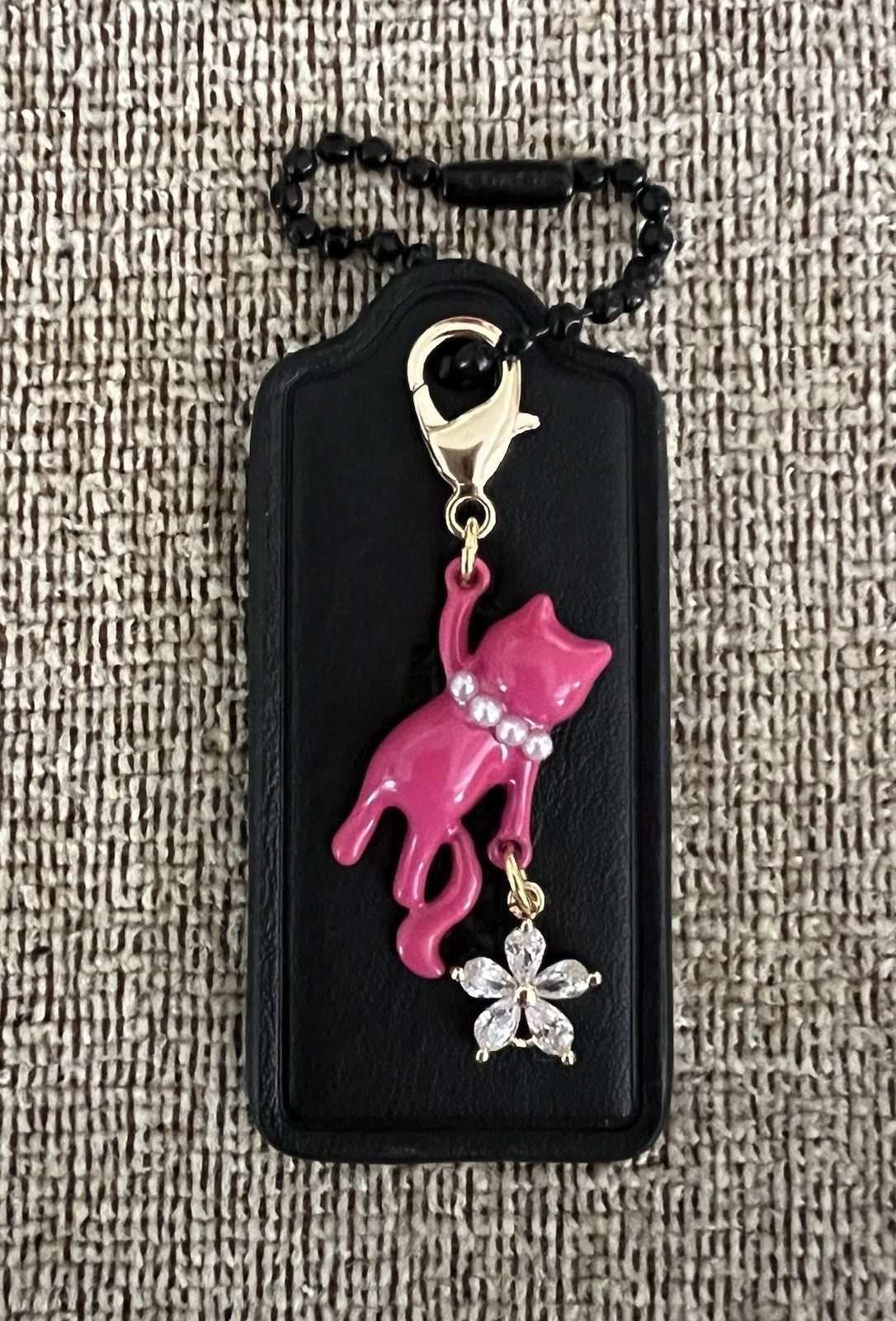 Genuine Coach 2.25” Black Leather Hangtag Pink Kitty Cat & CZ Flower Charm New