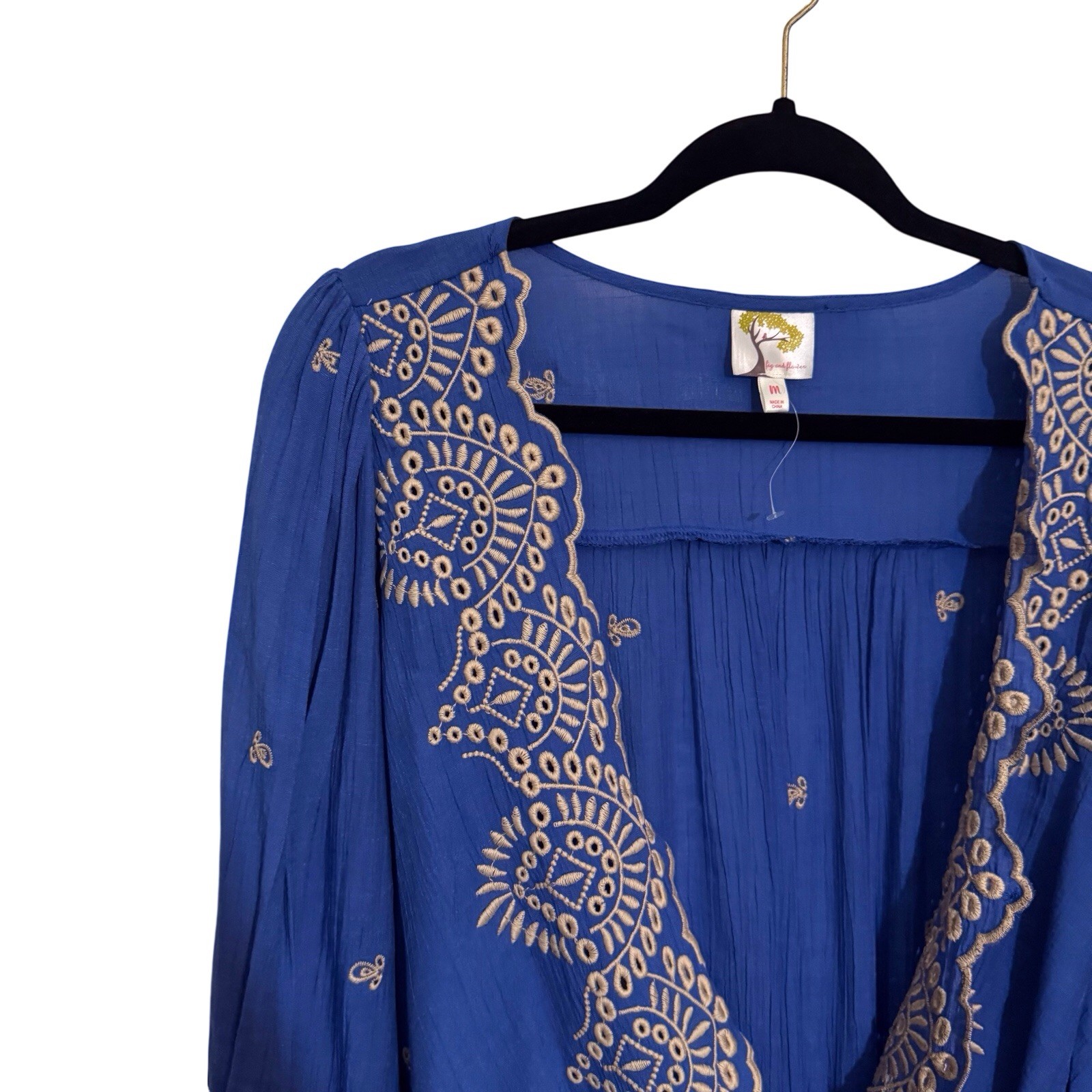 Fig And Flower Size Medium Blue Floral Embroidered Wrap Top Blouse Boho Cottage