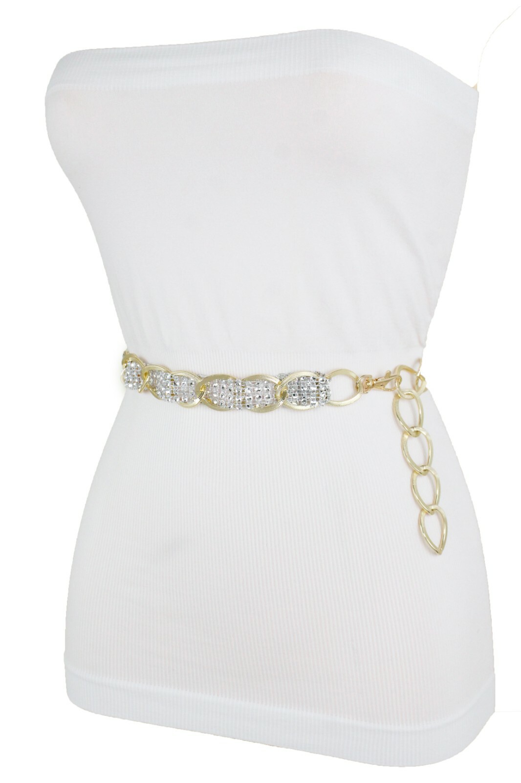 Women Gold Color Metal Chain Fashion Belt Silver Mesh Fabric Bling Beads XS S M