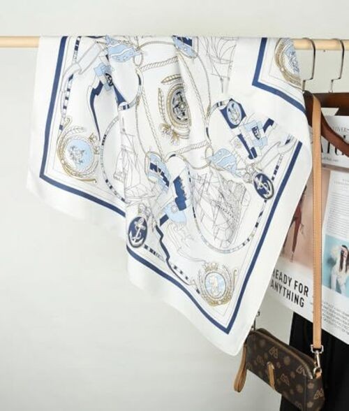 Women’s Square Scarf 27.5 in (70 Anchor & Sailboat (White / Navy Blue / Gold)