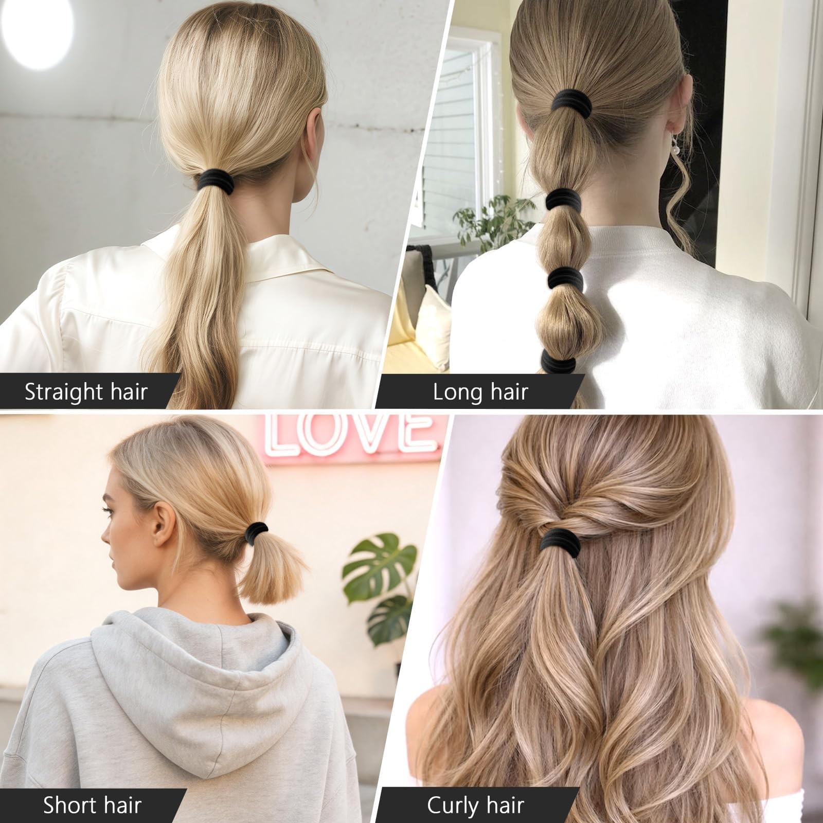 100PCS Black Seamless Elastic Hair Ties No Damage for Women Girls