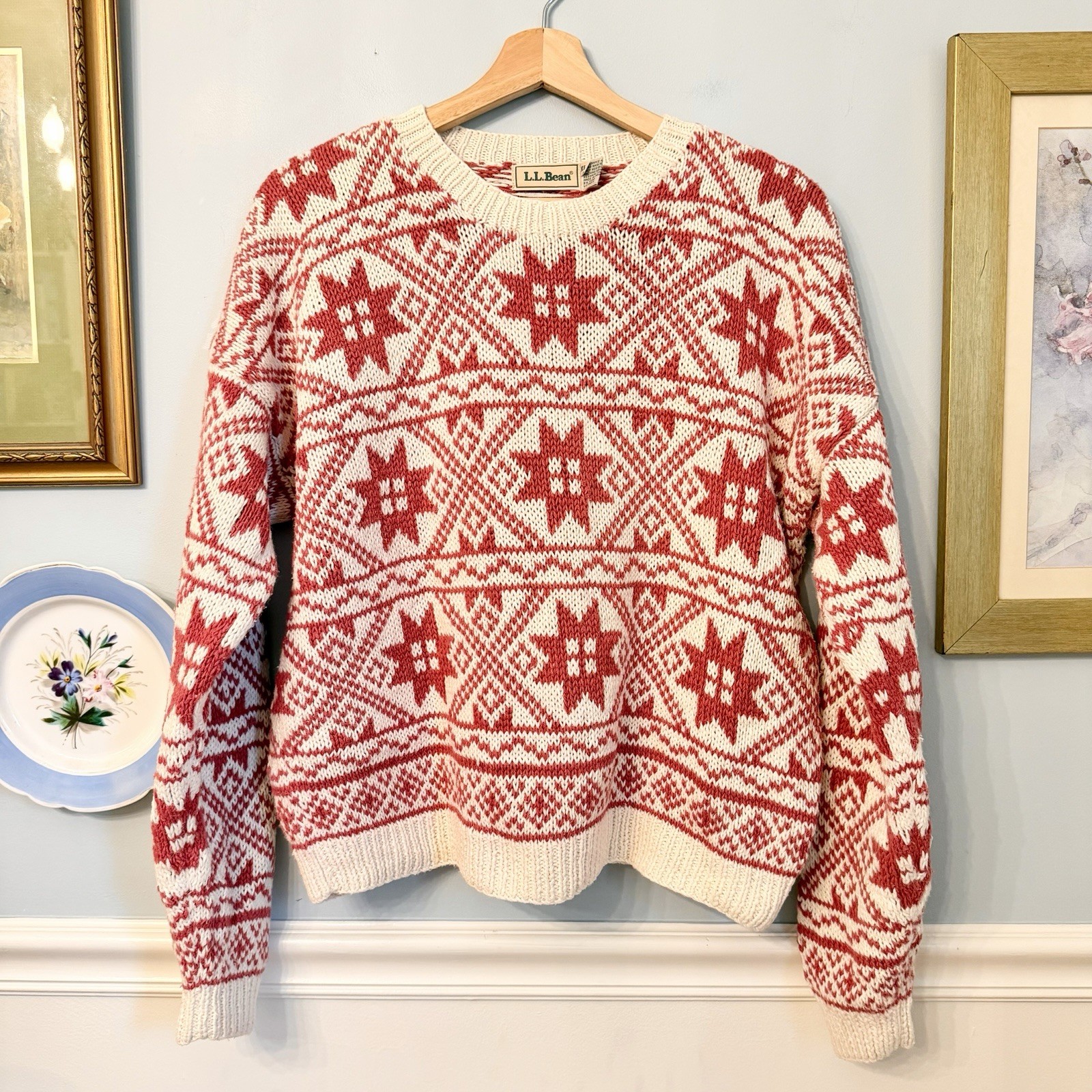 Vintage 90s LL Bean Sweater Size L Chunky Fair Isle Cottage Grandma Quilt Nordic