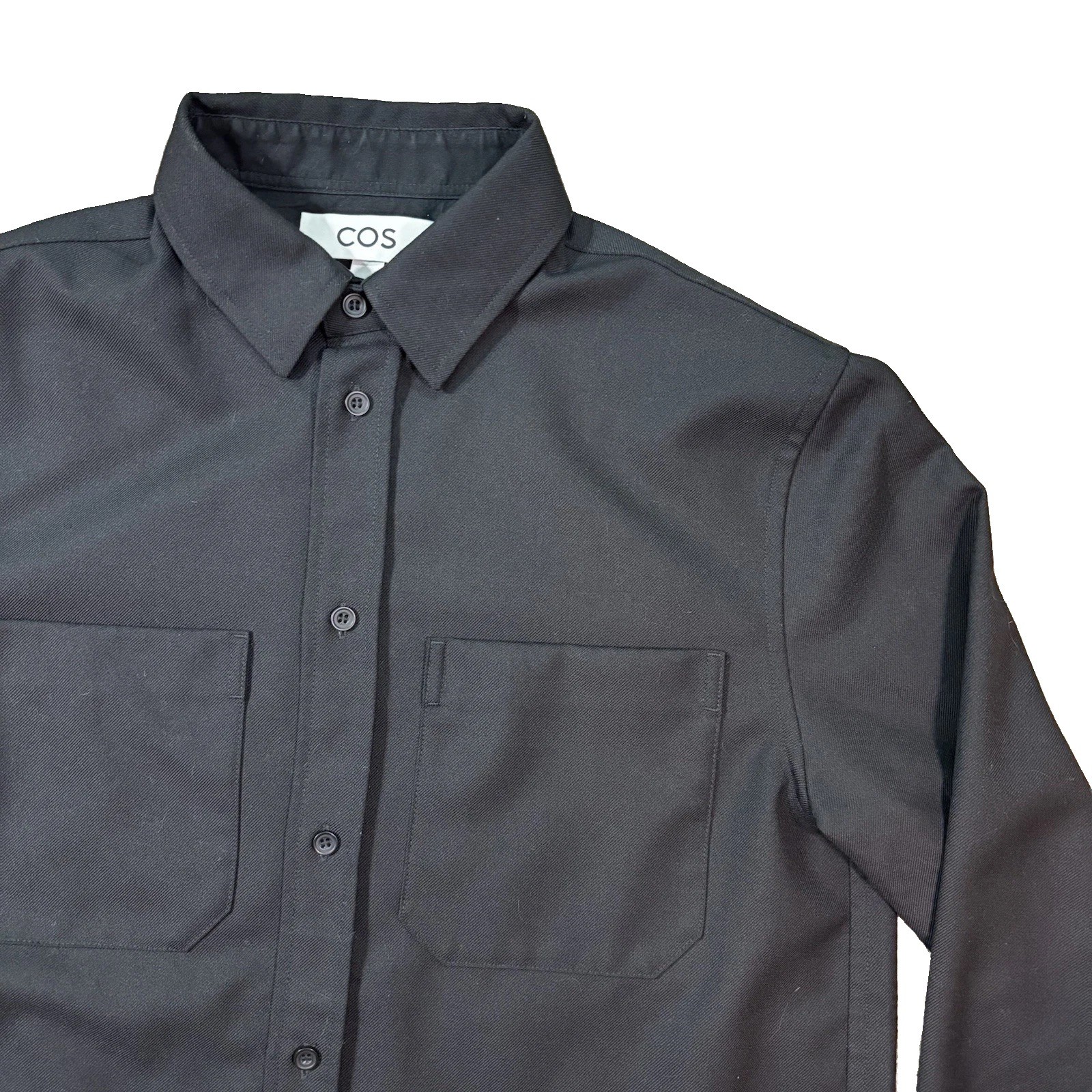 COS Solid Wool Blend Button-Up Shirt Black Long Sleeve Relaxed Pocket Size S