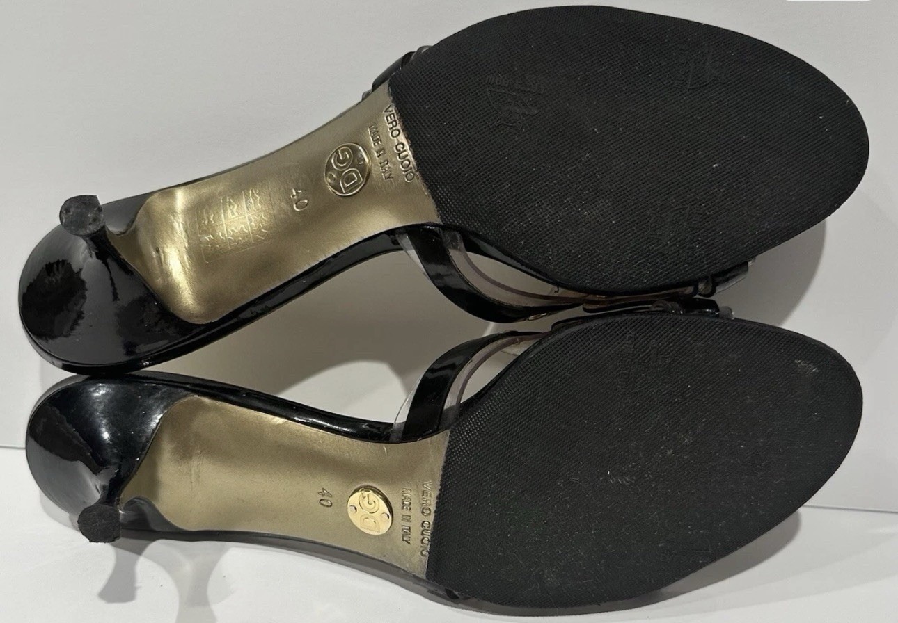 DOLCE & GABBANA Black Patent Leather Gold Rivets Mid Heel Sandals Shoes Size 10