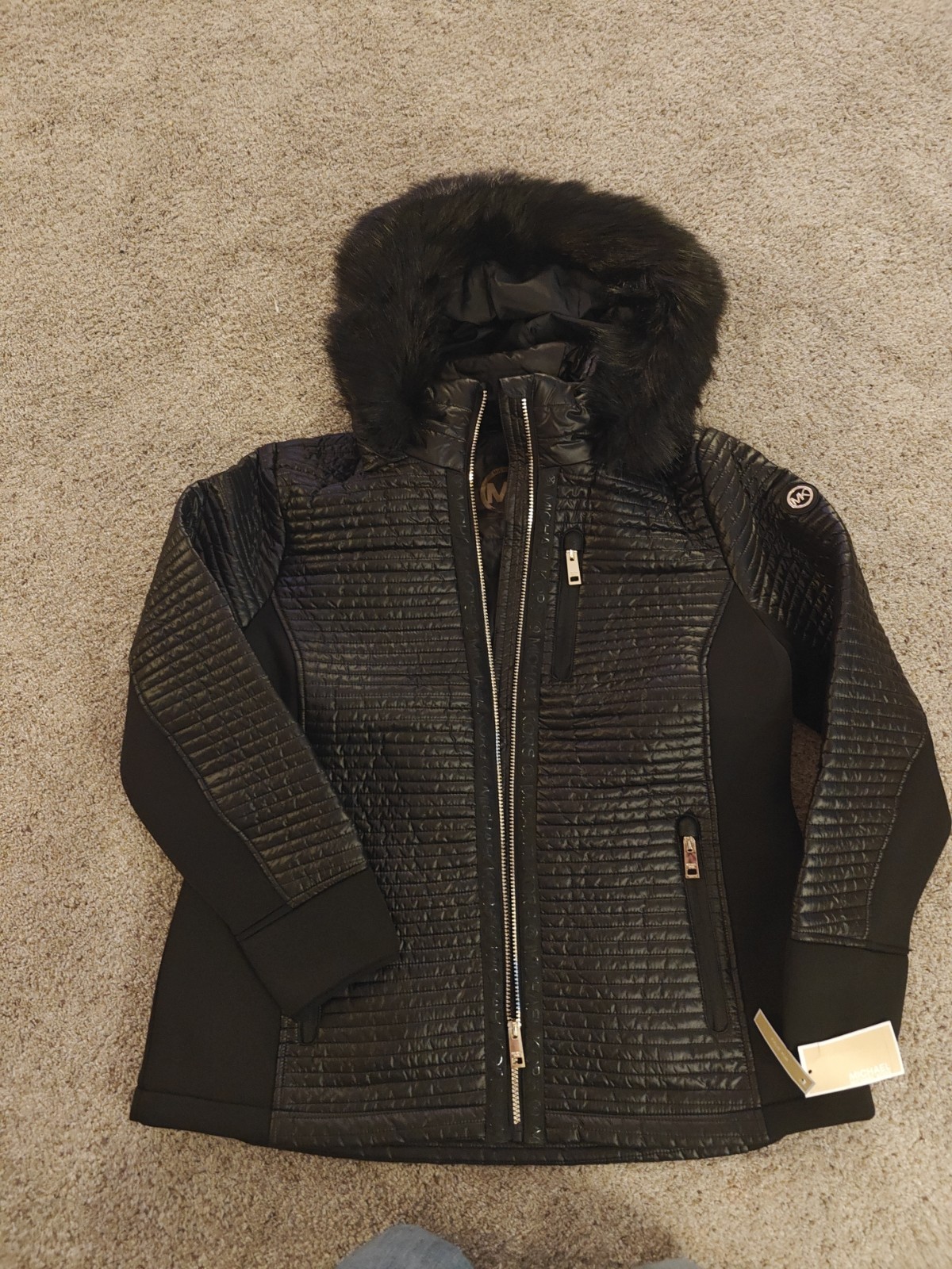 NWT MICHAEL MICHAEL KORS MIXED QUILTED FAUX FUR TRIM HOODED COAT XL