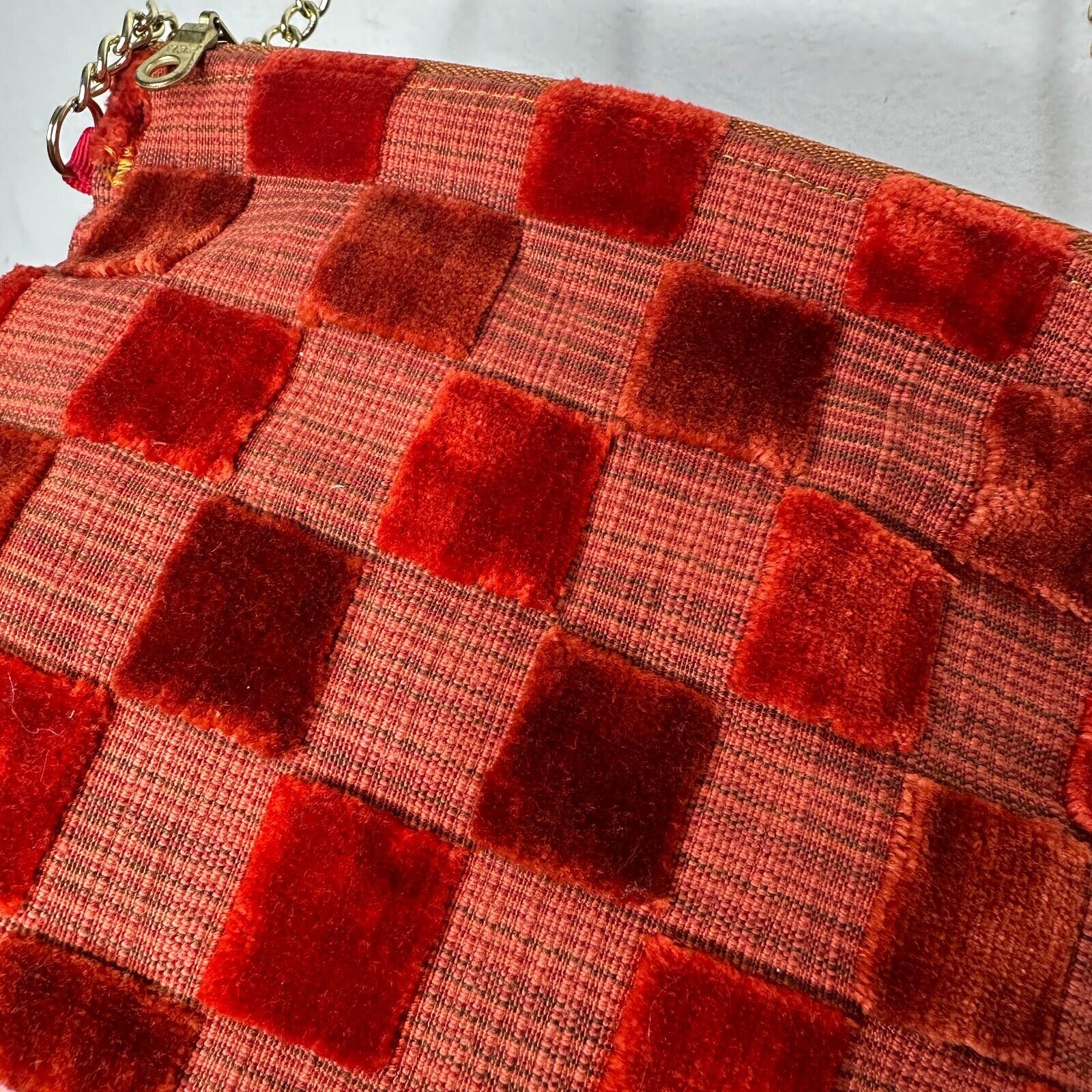 Rust Orange Velvet Checked Gold Chain Strap Zipper Top Slim Mini Purse