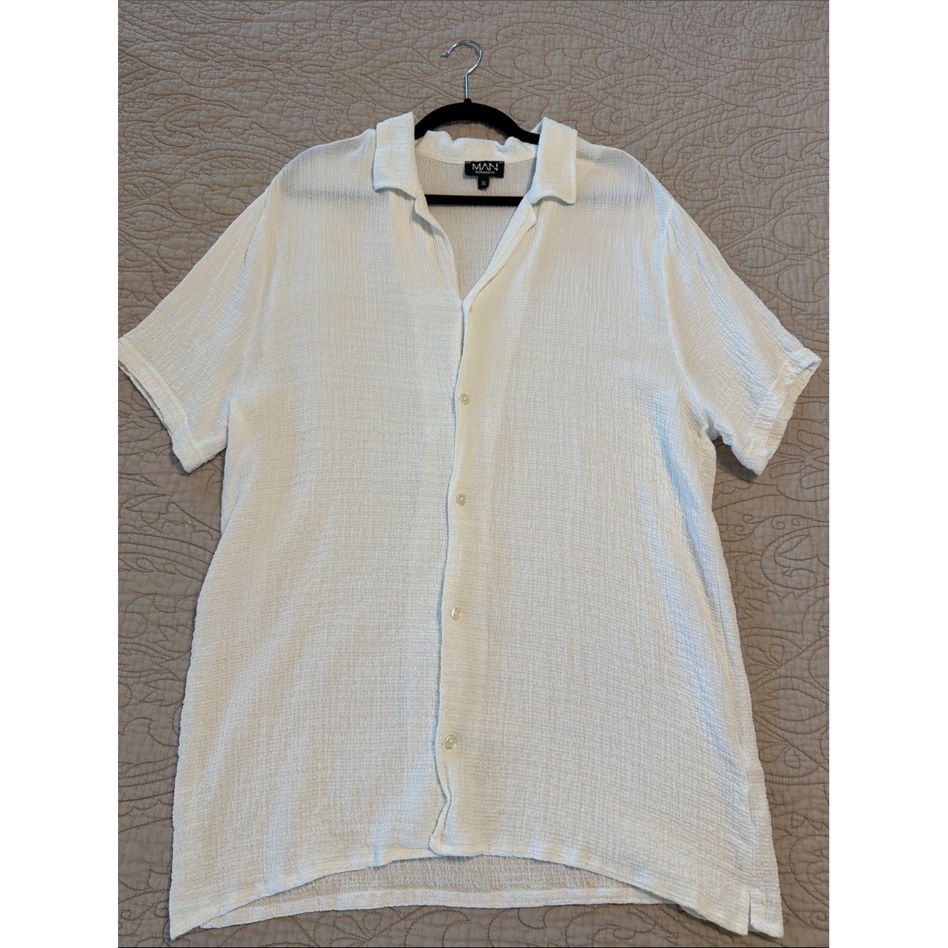 White Textured Short-Sleeve Button Shirt Beach Vacation Poolside