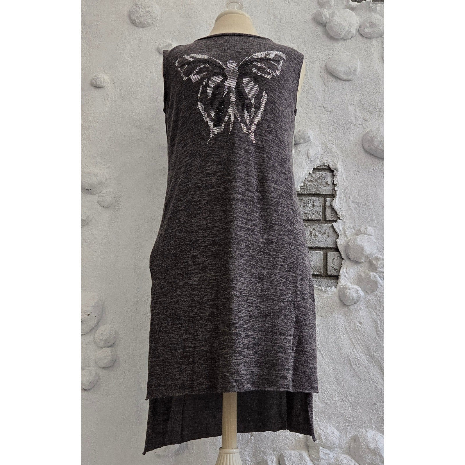 NWT Almalka Fashion Womens Rhinestone Butterfly High Low Dress Top Grey M/L