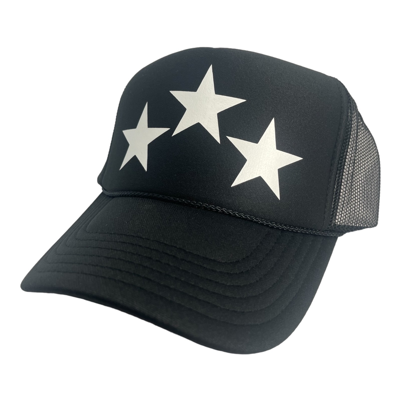 TRIPLE STAR THREE STARS BLACK WHITE HAT 5 PANEL HIGH CROWN TRUCKER SNAPBACK 2