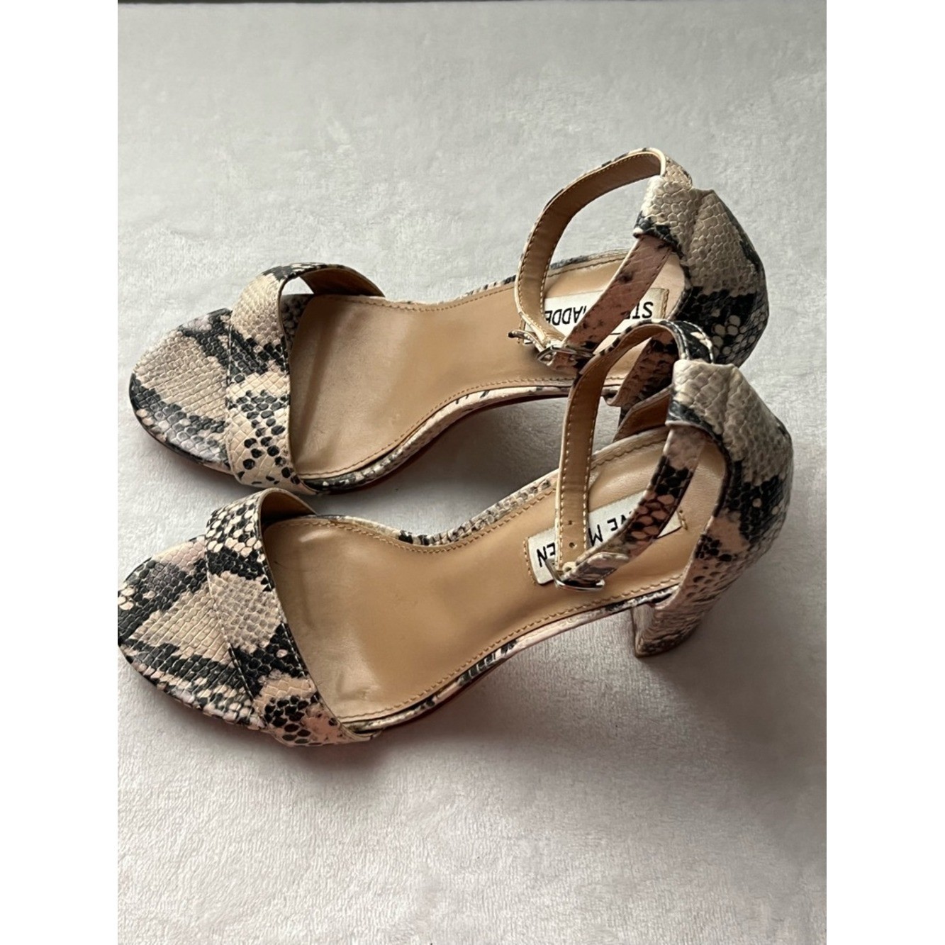 Steve Madden Snake-Print Block Heel Sandals – Beige/Black, Size 9M