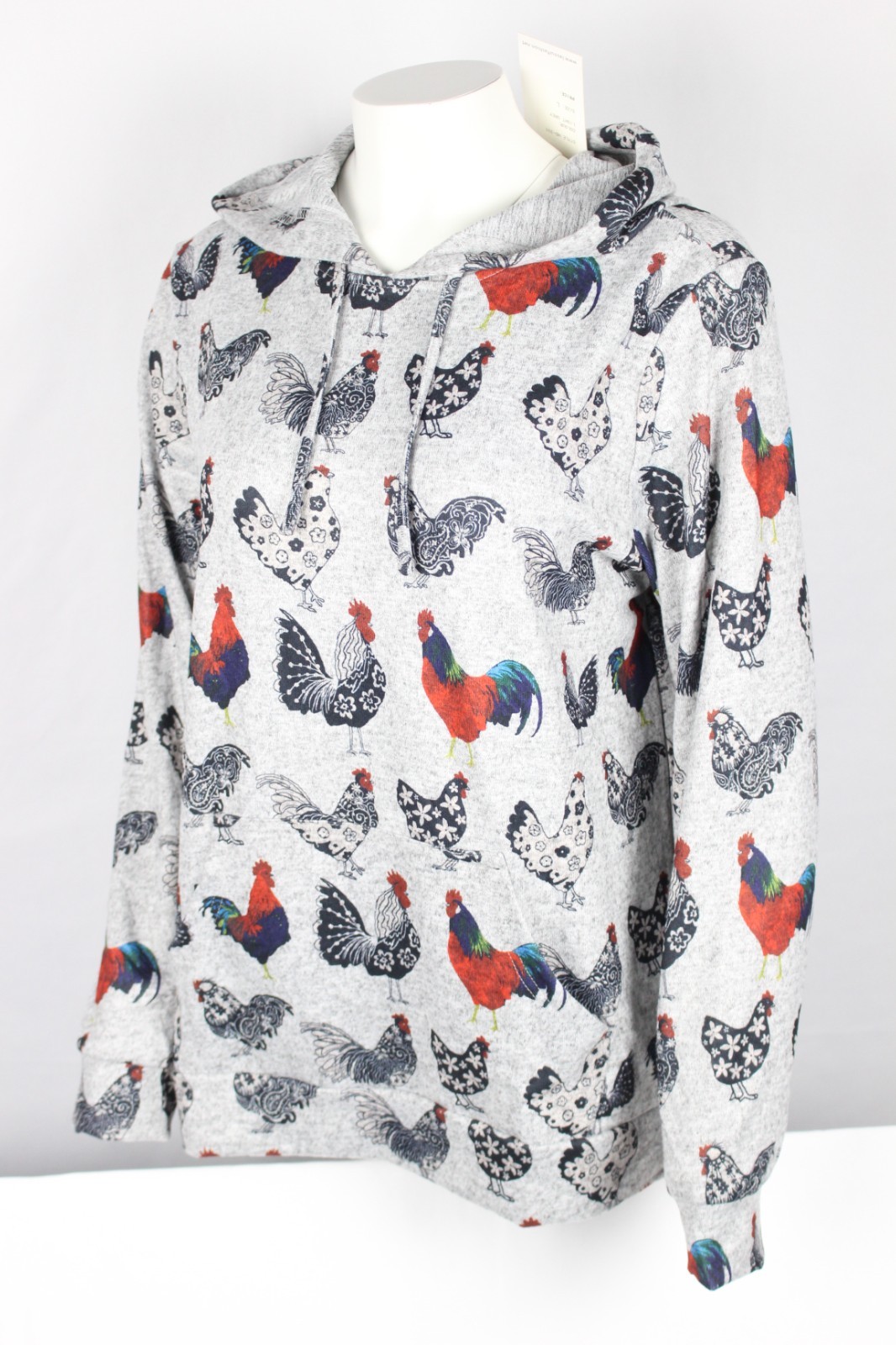 L. A. Soul Women’s Rooster Chicken Print Hoodie Pullover Light Gray HD-331