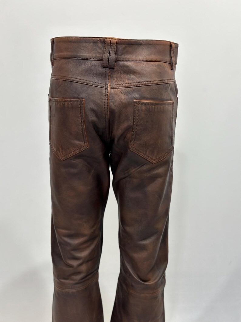 Men’s Brown Distressed Leather Biker Pants Slim Fit Cafe Racer Trousers