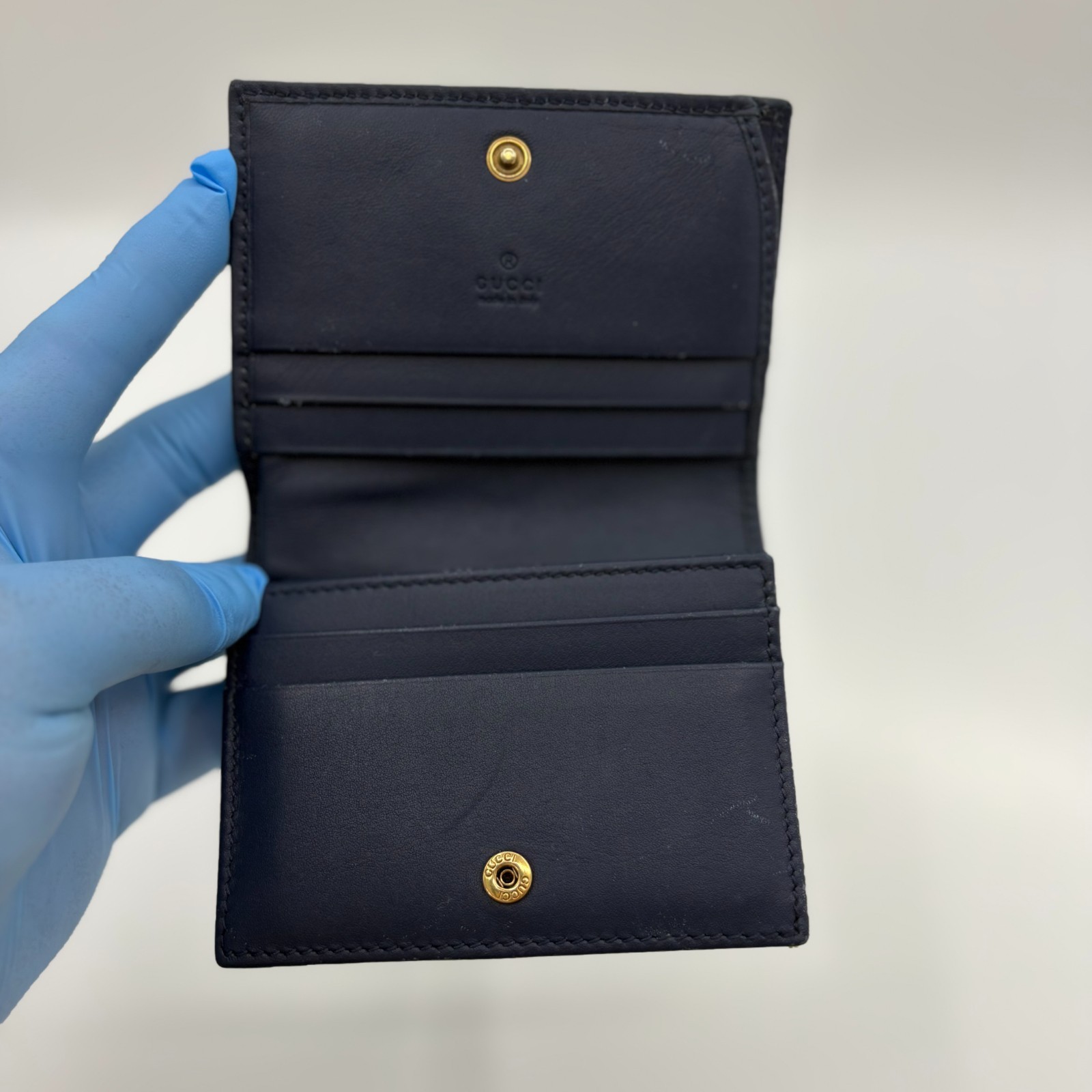 Gucci GG Marmont Wallet Denim Pearl Studs Compact Trifold Blue Leather Auth