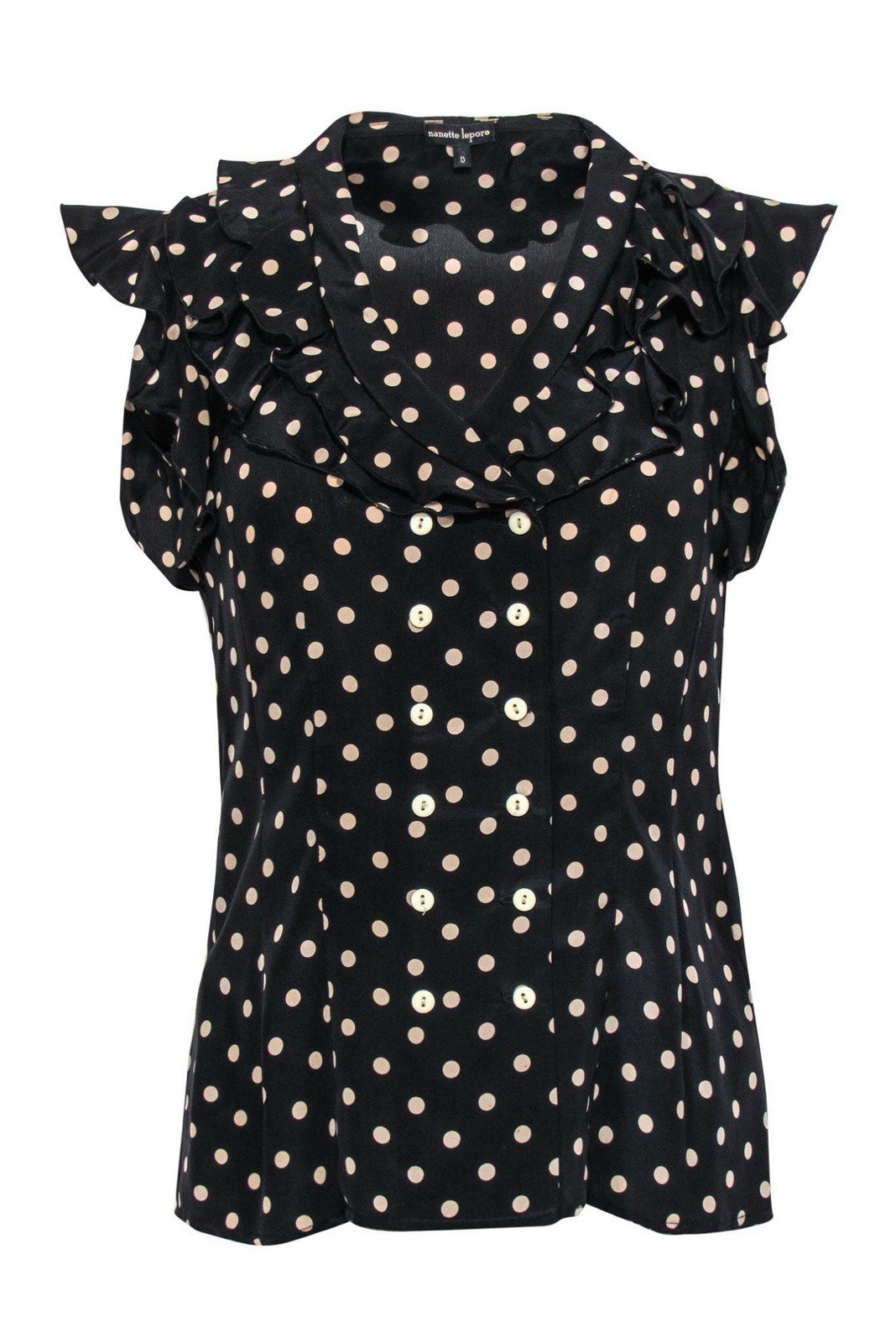 Nanette Lepore Women Top Black & Beige Polka Dot Ruffle Silk Sleeveless Size 4