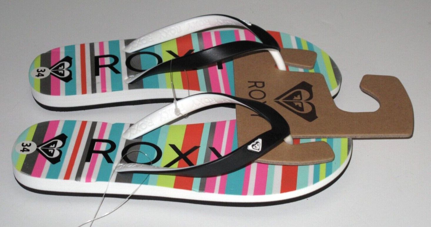 ROXY Big Girl’s Youth Size 4 Flip Flop Sandals Black Multi Stripe NEW Tahiti