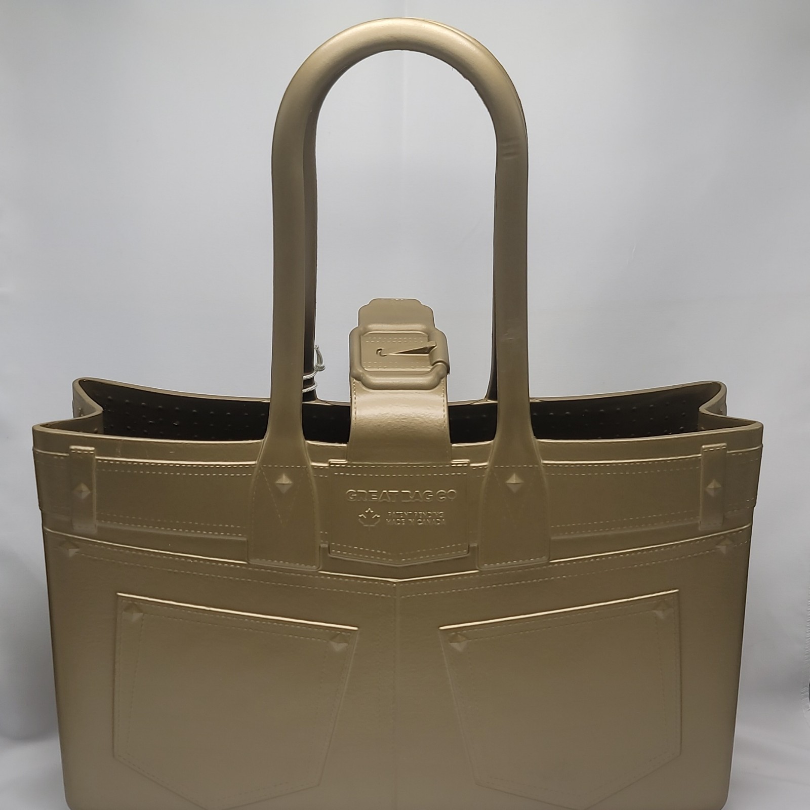 Great Bag Co. Embossed Beige Tote with Buckle Closure and Bottom Studs