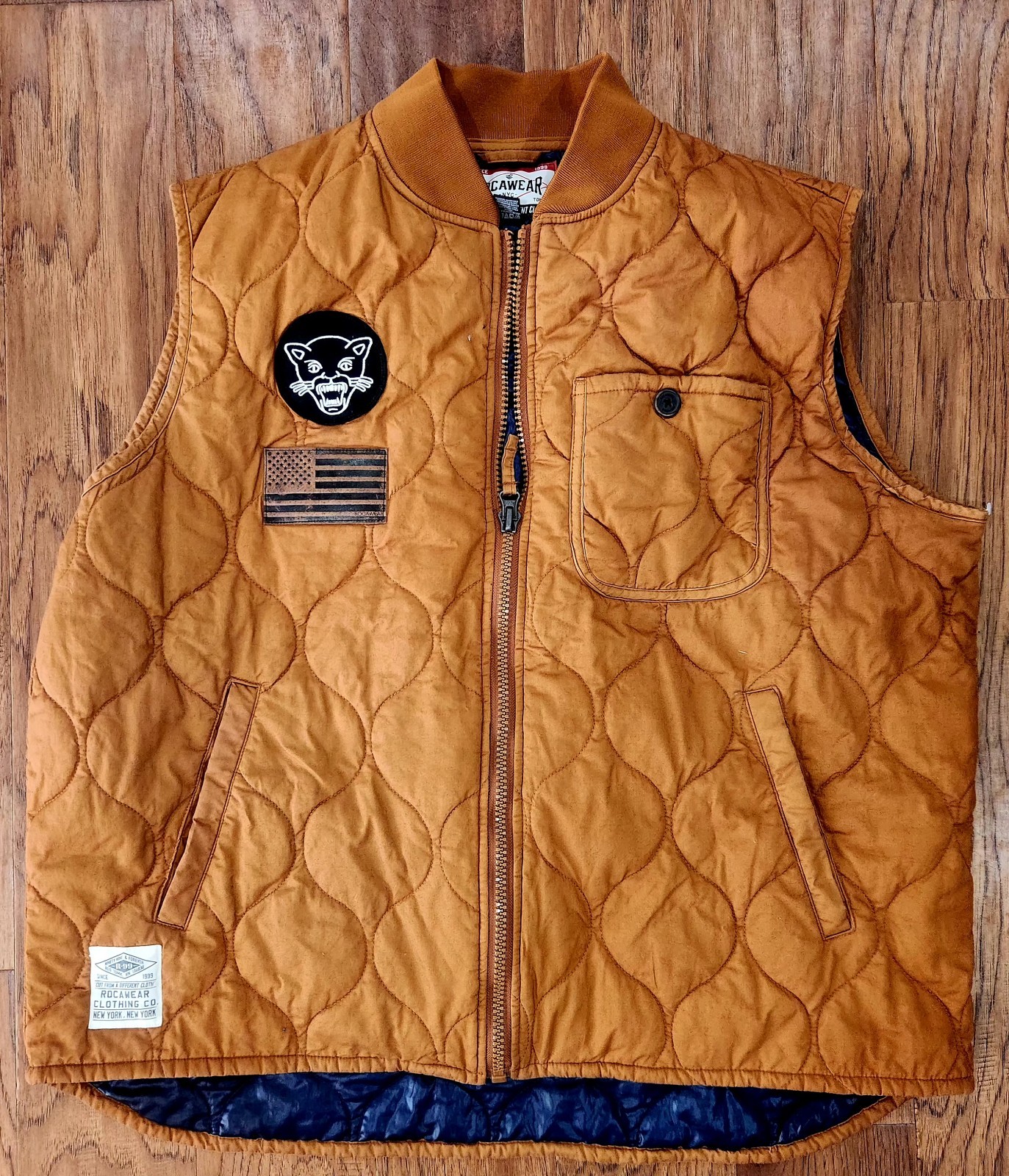 Rocawear Men’s Quilted Zip Lined Vest Stand-Up Collar Brown/Blue 2XL