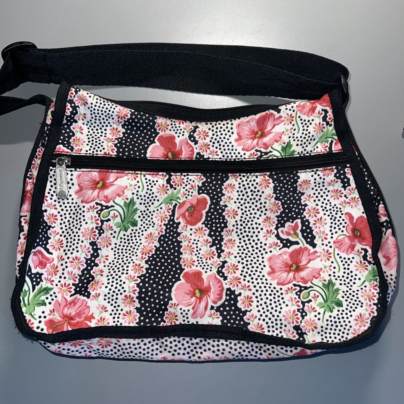 LeSportsac handbag + pouch Pink flowers & polka dots Canvas 9 x 11 x 5 Inches