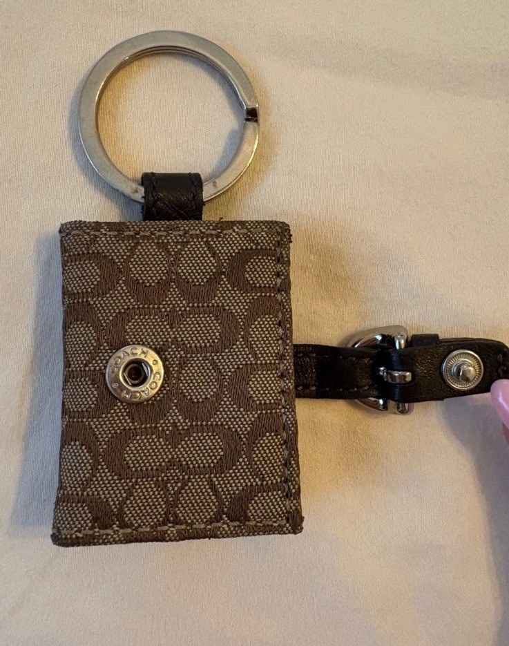 Coach Vintage Brown Signature Monogram Buckle Snap Photo Keychain