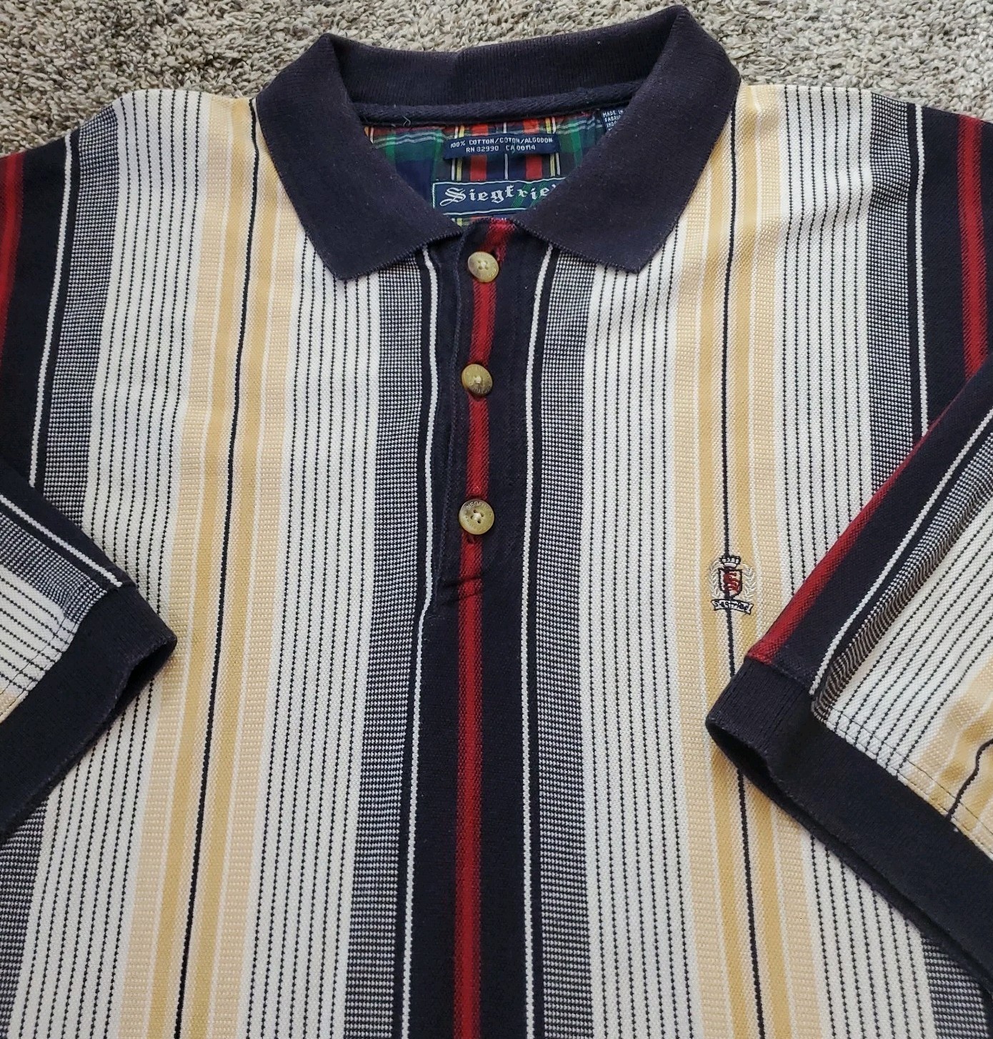 Vintage Siegfried Polo Shirt Mens XL Navy Yellow Striped Crest Logo 90s Preppy