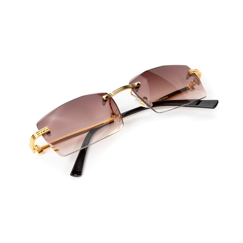 Rimless Gold Wire Frame Luxury Brown Gradient Tint Hip Hop Shades Sunglasses