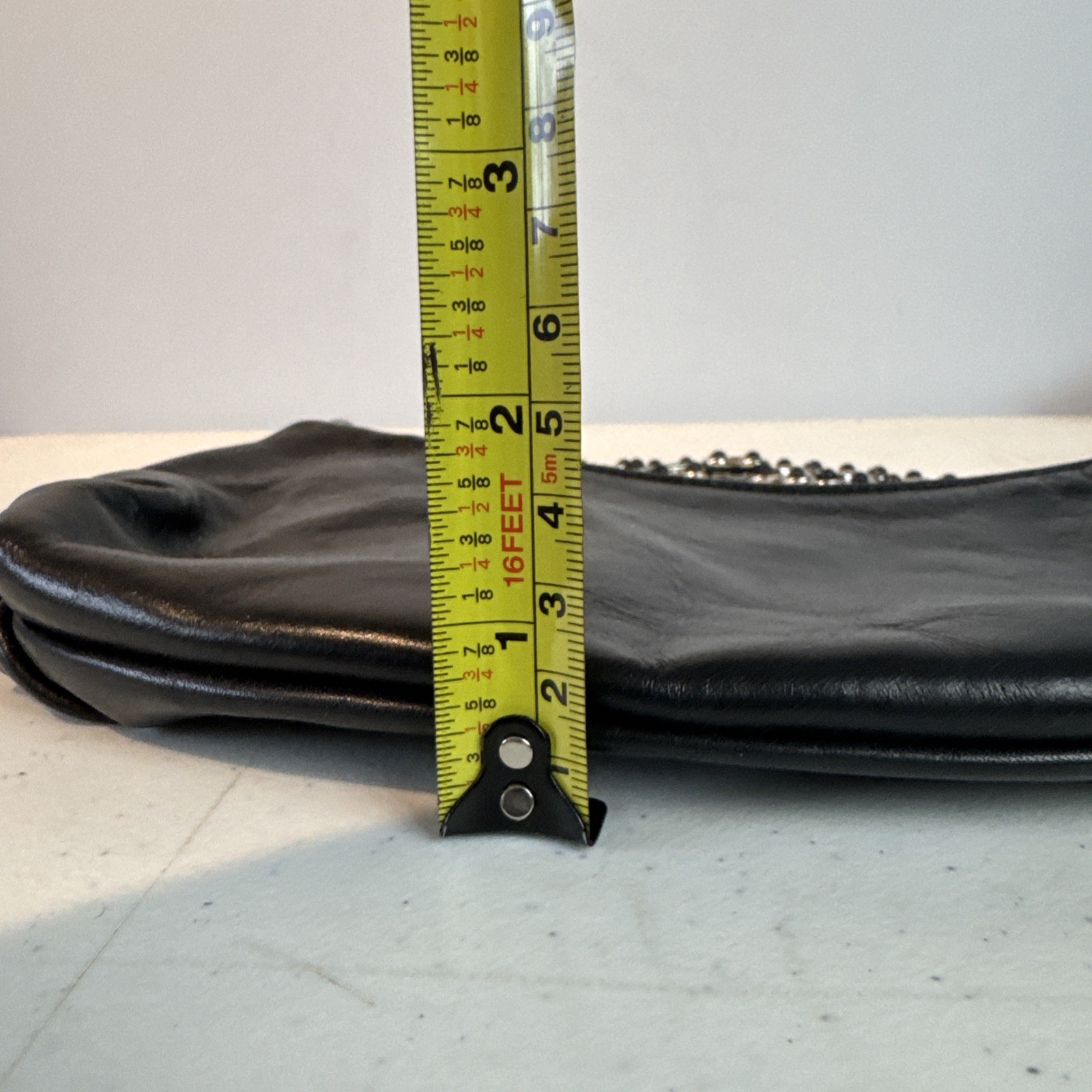 Elliott Lucca Black Leather Hobo Handbag Silver Tone Chain Strap Zipper