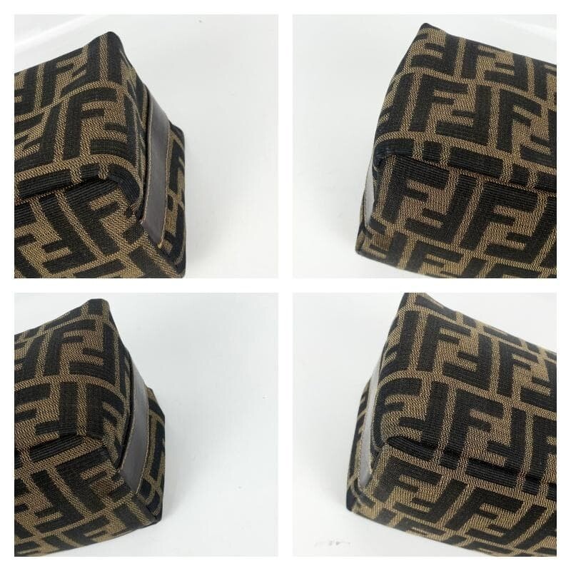 Fendi Zucca FF Logo Vanity Bag Canvas Leather Brown Gold Italy Top Handle Zip